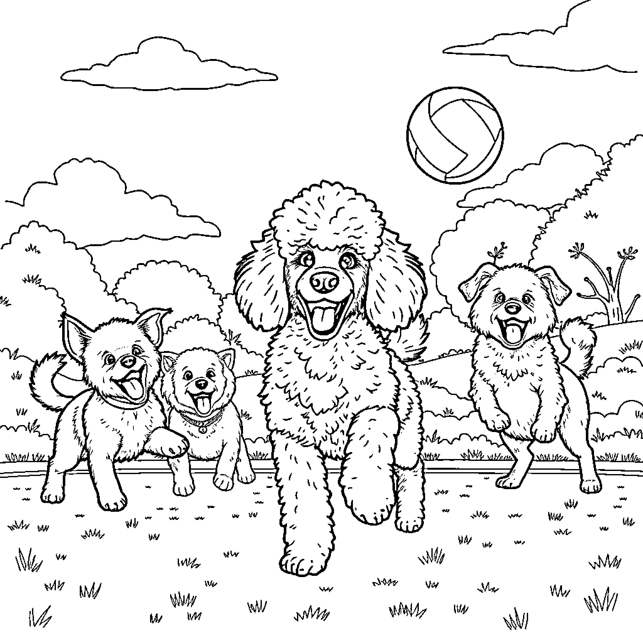 Poodle and friends playing fetch in the park Coloring Page (free black-and-white line drawing printable PDF for all, from beginners to advanced learners, including children, teens, adults, and seniors)