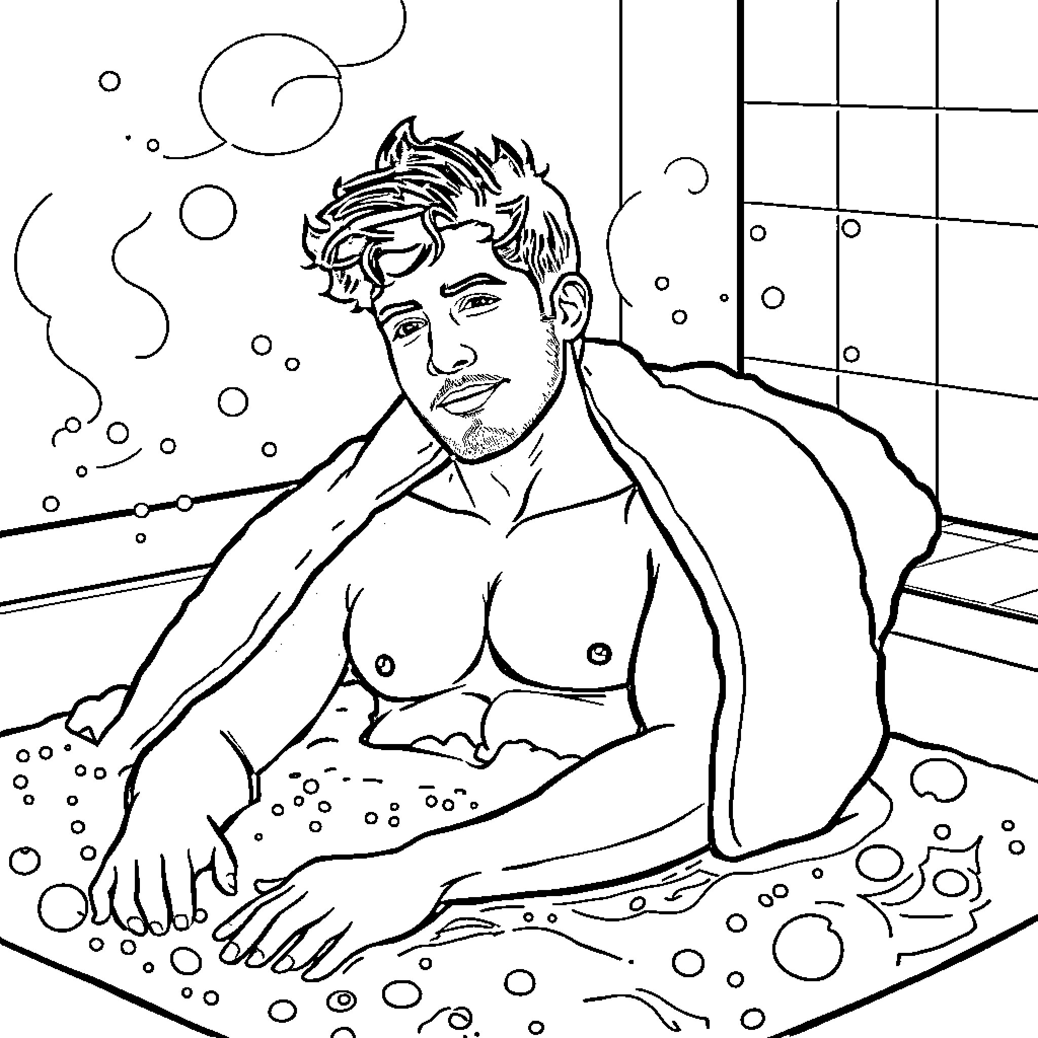 Pedro Pascal relaxing in a bubbly bath Coloring Page (free black-and-white line drawing printable PDF for all, from beginners to advanced learners, including children, teens, adults, and seniors)