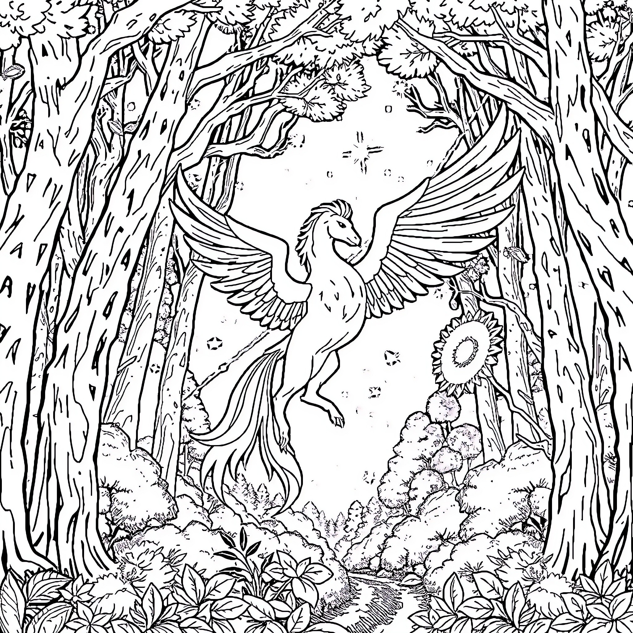 Centaur spreading its wings in a magical forest Coloring Page (free black-and-white line drawing printable PDF for all, from beginners to advanced learners, including children, teens, adults, and seniors)