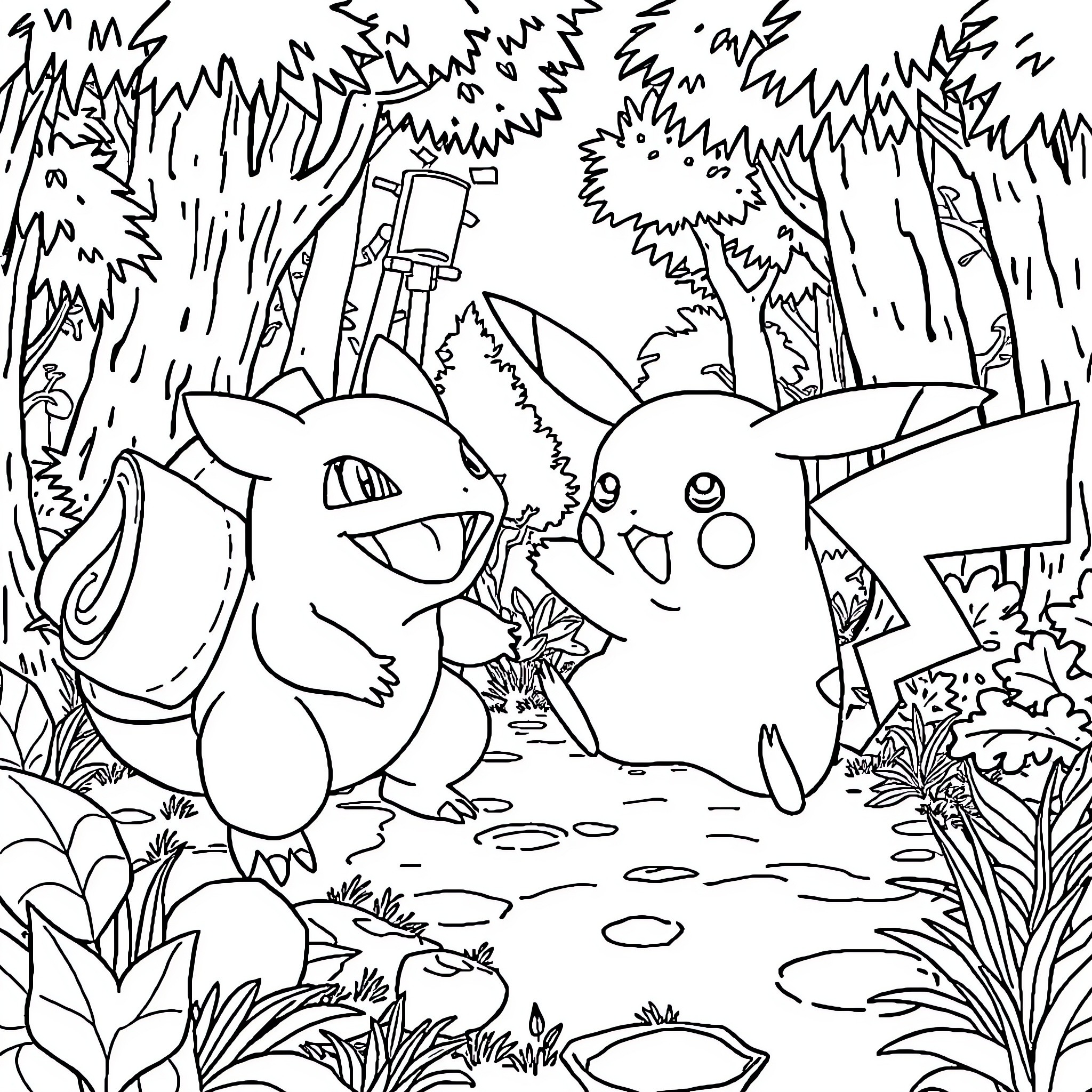 Pikachu exploring the forest with friends Coloring Page (free black-and-white line drawing printable PDF for all, from beginners to advanced learners, including children, teens, adults, and seniors)