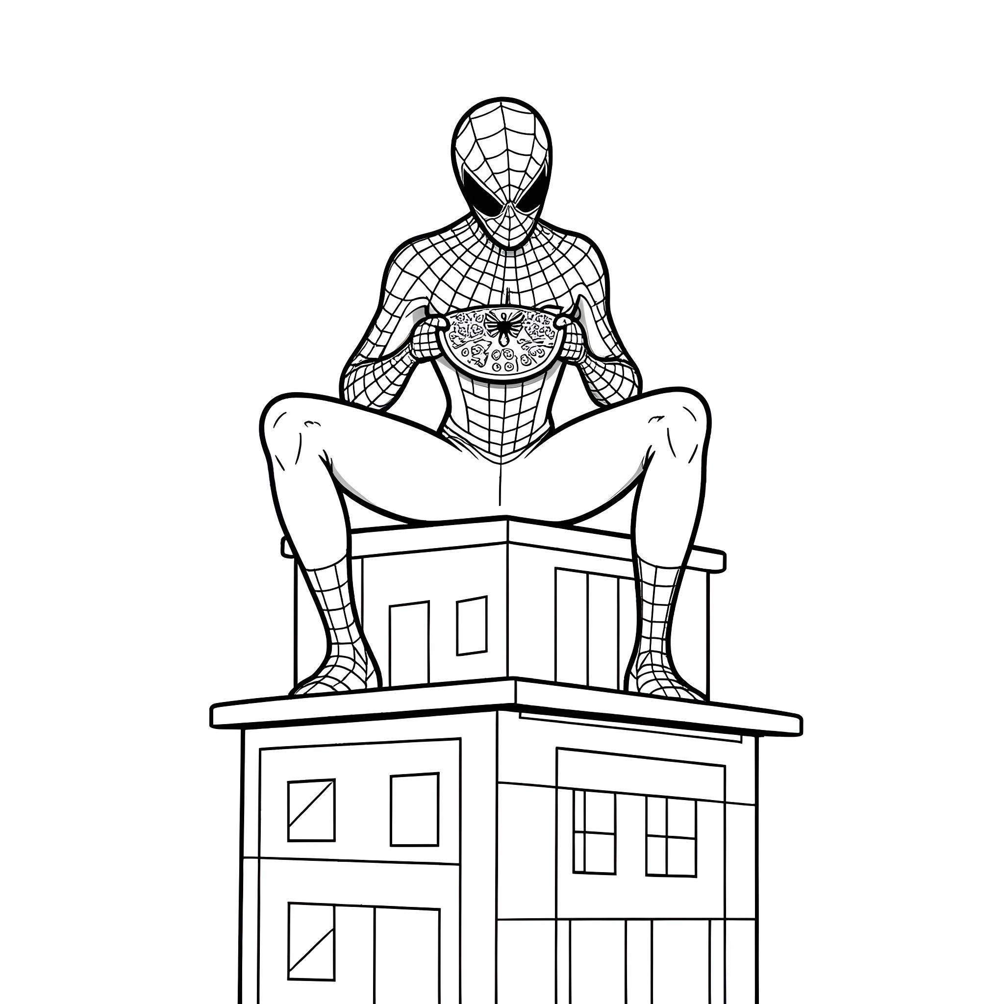 Spiderman sitting on top of a building Coloring Page (free black-and-white line drawing printable PDF for all, from beginners to advanced learners, including children, teens, adults, and seniors)