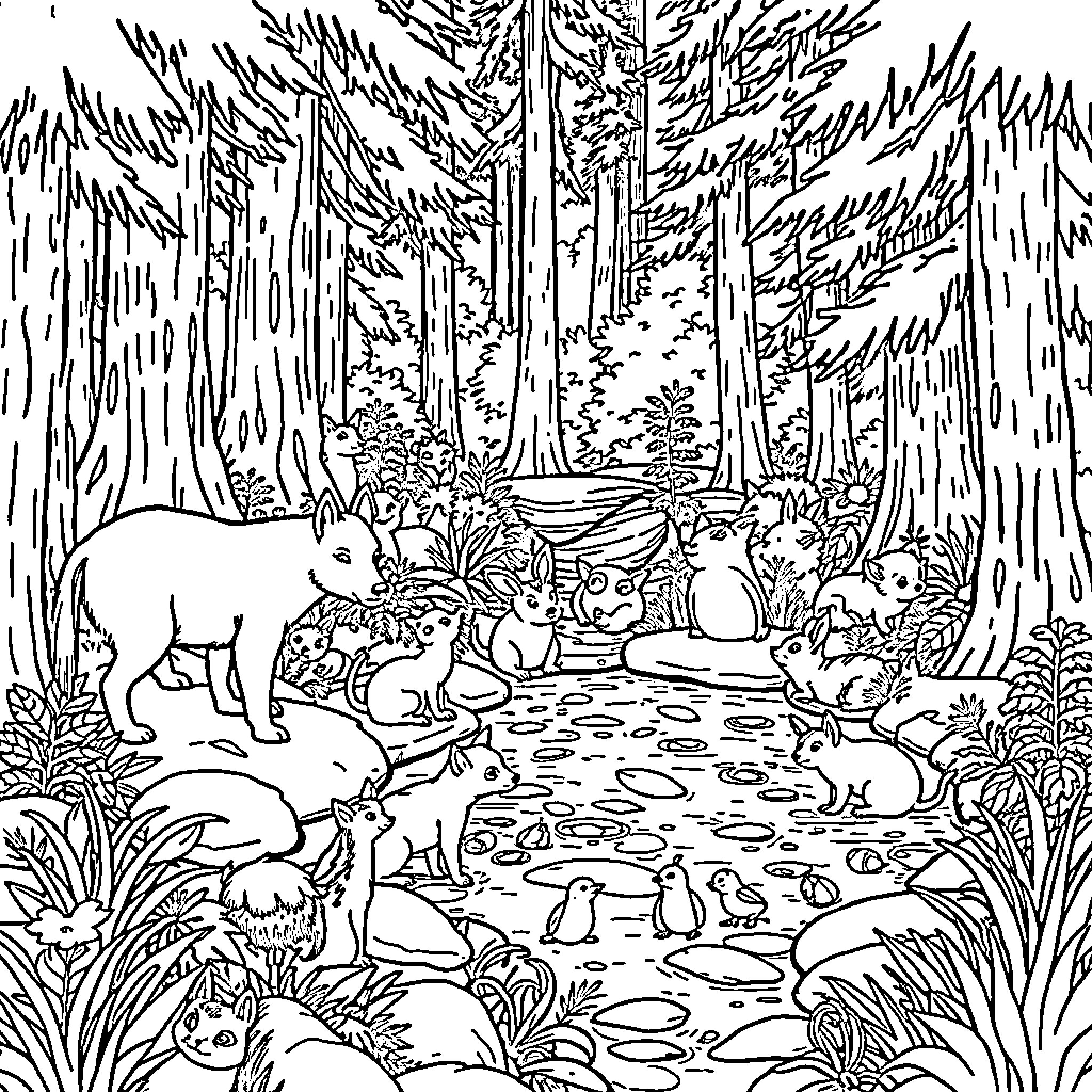 Animal forest scene with various wildlife Coloring Page (free black-and-white line drawing printable PDF for all, from beginners to advanced learners, including children, teens, adults, and seniors)