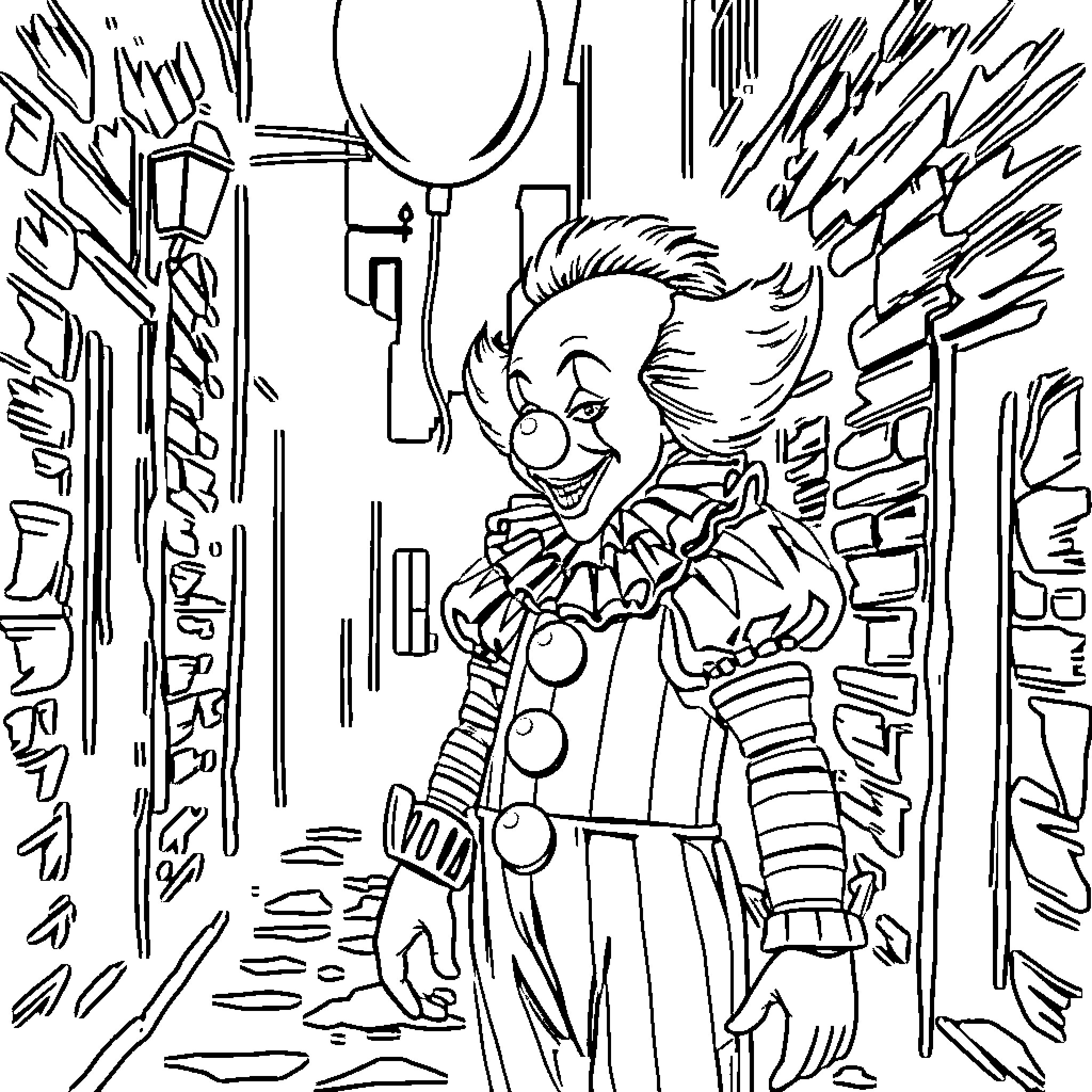 Pennywise the Clown Lurking in the Dark Alley Coloring Page (free black-and-white line drawing printable PDF for all, from beginners to advanced learners, including children, teens, adults, and seniors)