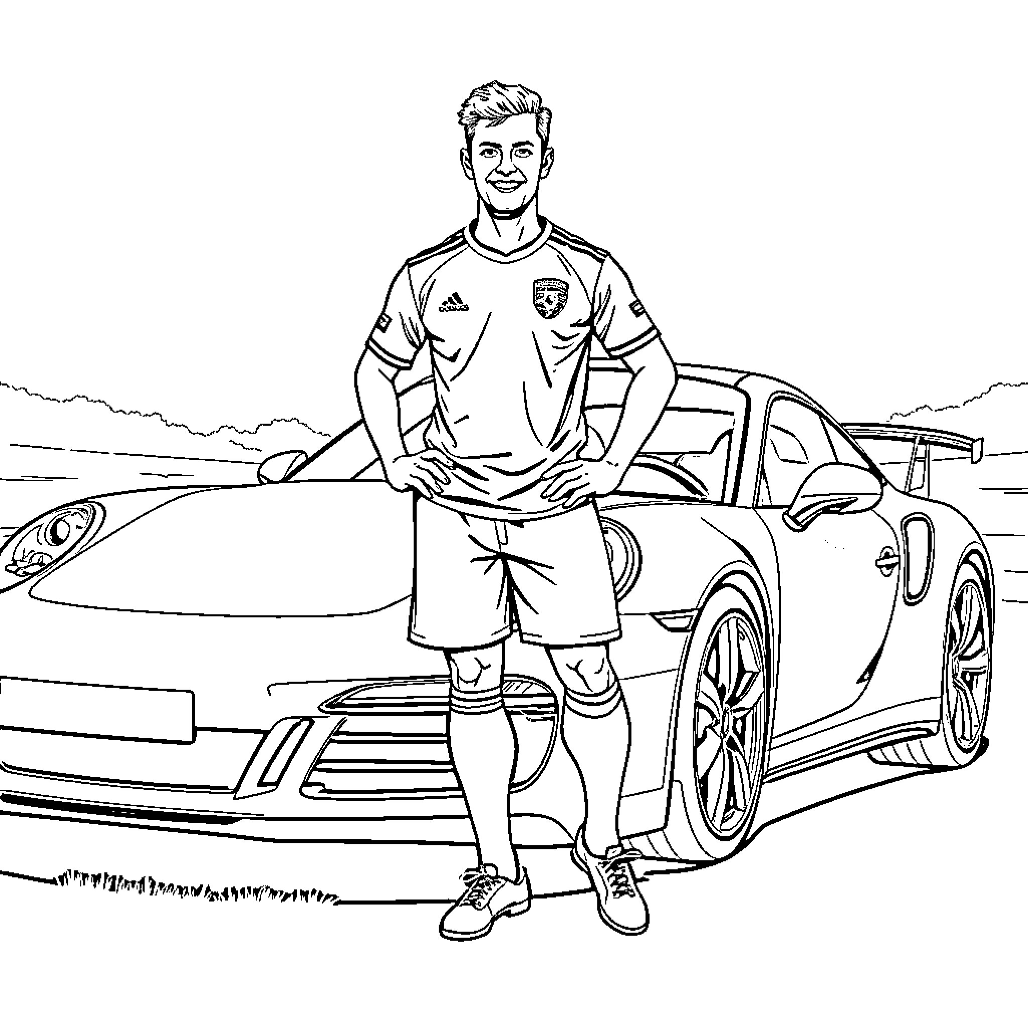 Soccer Player Posing with Sports Car Coloring Page (free black-and-white line drawing printable PDF for all, from beginners to advanced learners, including children, teens, adults, and seniors)