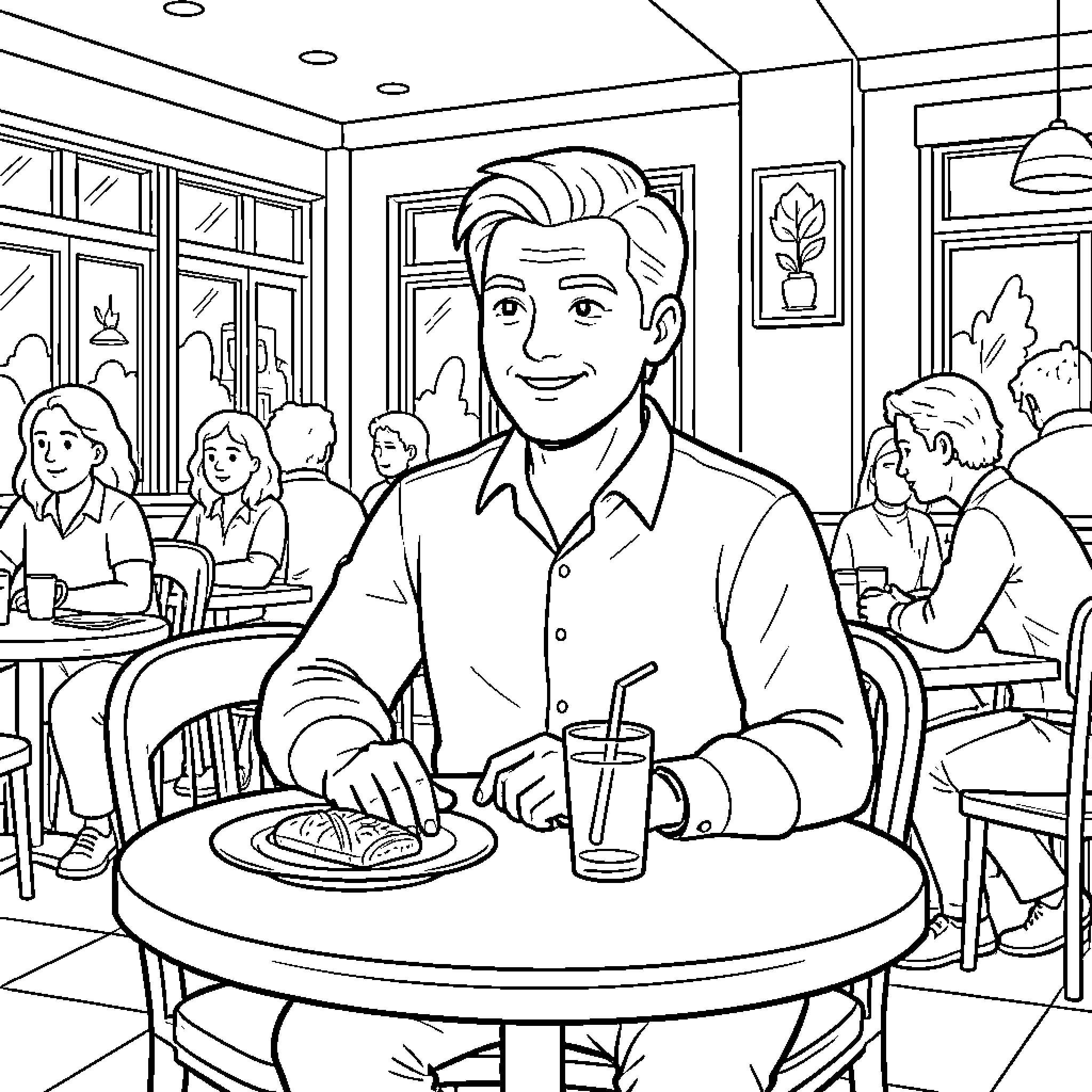 Adult man sitting at a cafe table eating Coloring Page (free black-and-white line drawing printable PDF for all, from beginners to advanced learners, including children, teens, adults, and seniors)