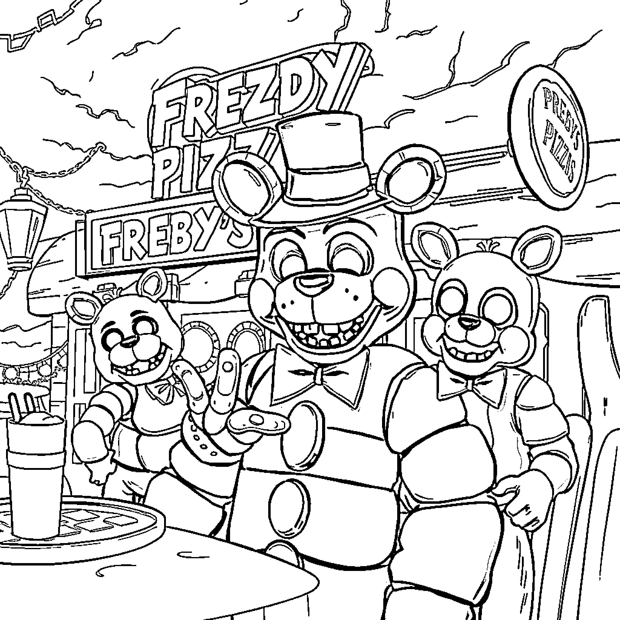 Five Nights At Freddy's Animatronics at Freddy's Pizzeria Coloring Page (free black-and-white line drawing printable PDF for all, from beginners to advanced learners, including children, teens, adults, and seniors)