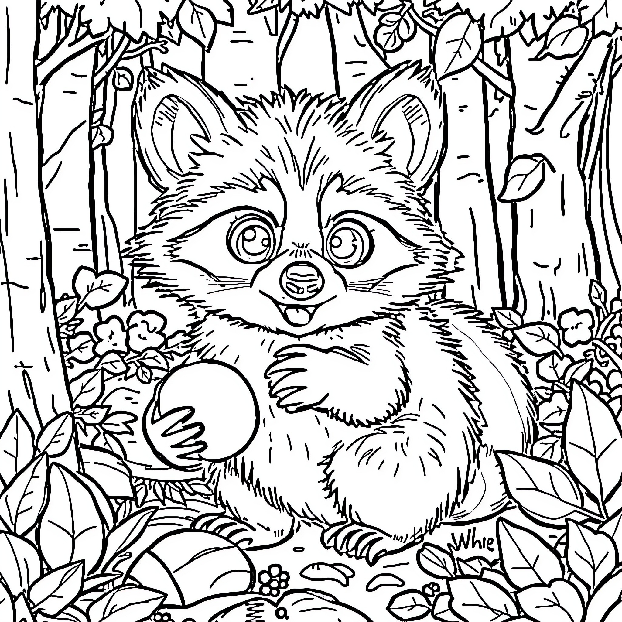 Meeko the curious raccoon in the forest Coloring Page (free black-and-white line drawing printable PDF for all, from beginners to advanced learners, including children, teens, adults, and seniors)