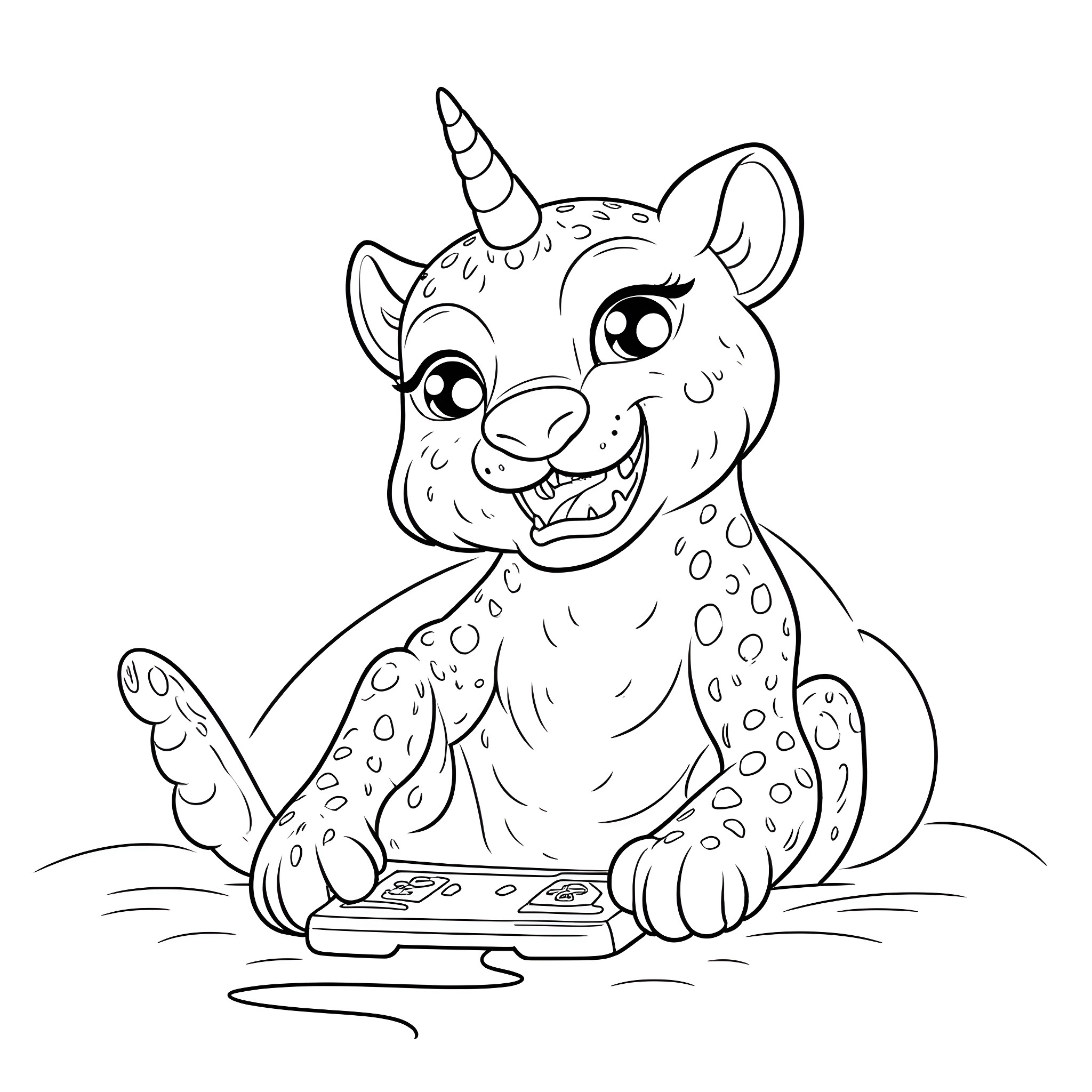 Cheetah playing joyfully with controller Coloring Page (free black-and-white line drawing printable PDF for all, from beginners to advanced learners, including children, teens, adults, and seniors)