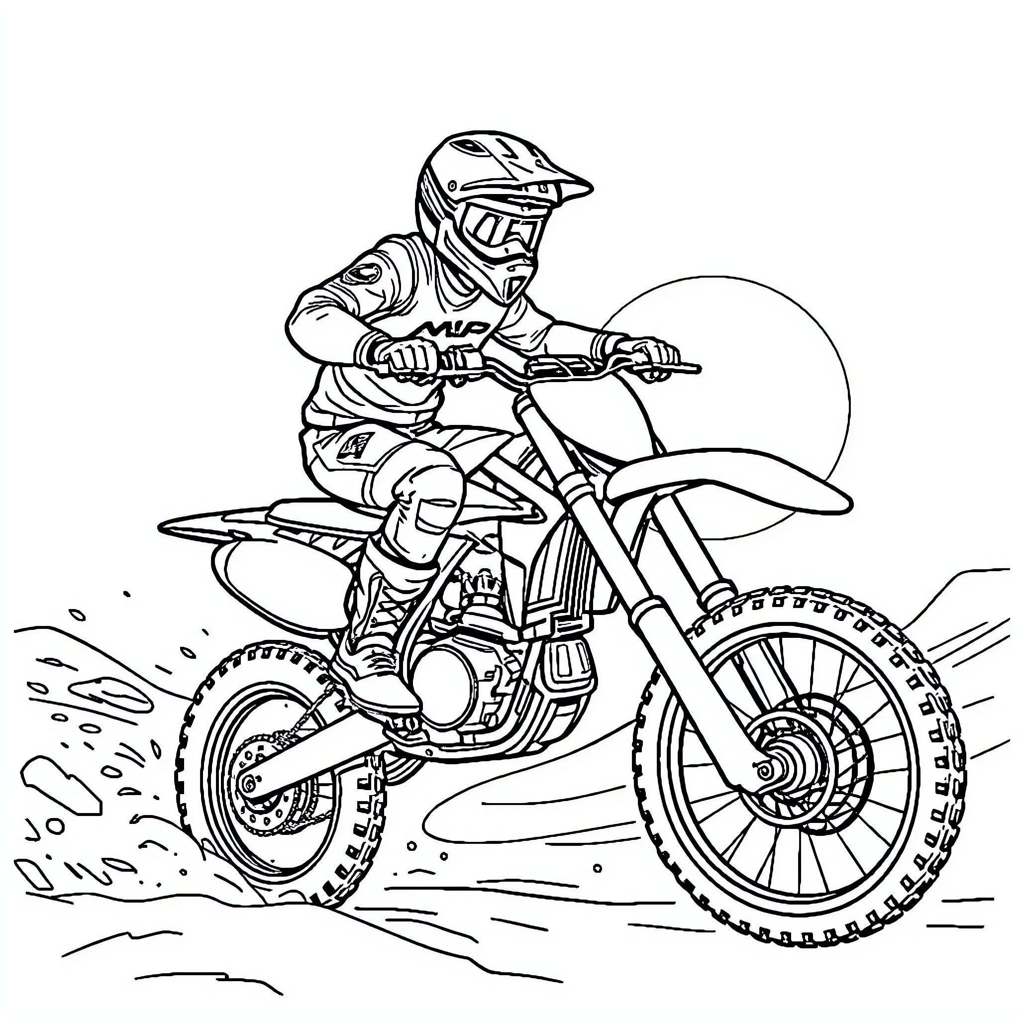 Sangoku Rider Racing in Dirt Track Coloring Page (free black-and-white line drawing printable PDF for all, from beginners to advanced learners, including children, teens, adults, and seniors)