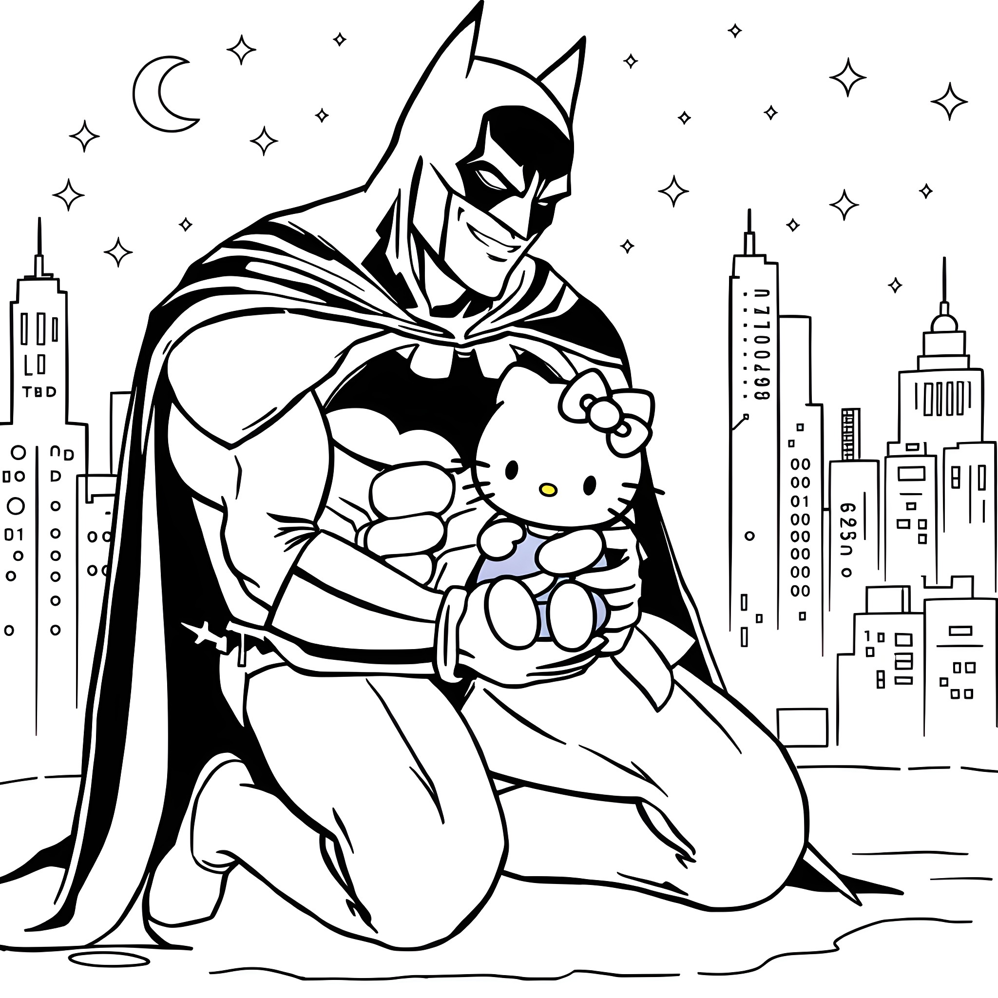 Batman Embracing Hello Kitty Amidst Cityscape Coloring Page (free black-and-white line drawing printable PDF for all, from beginners to advanced learners, including children, teens, adults, and seniors)