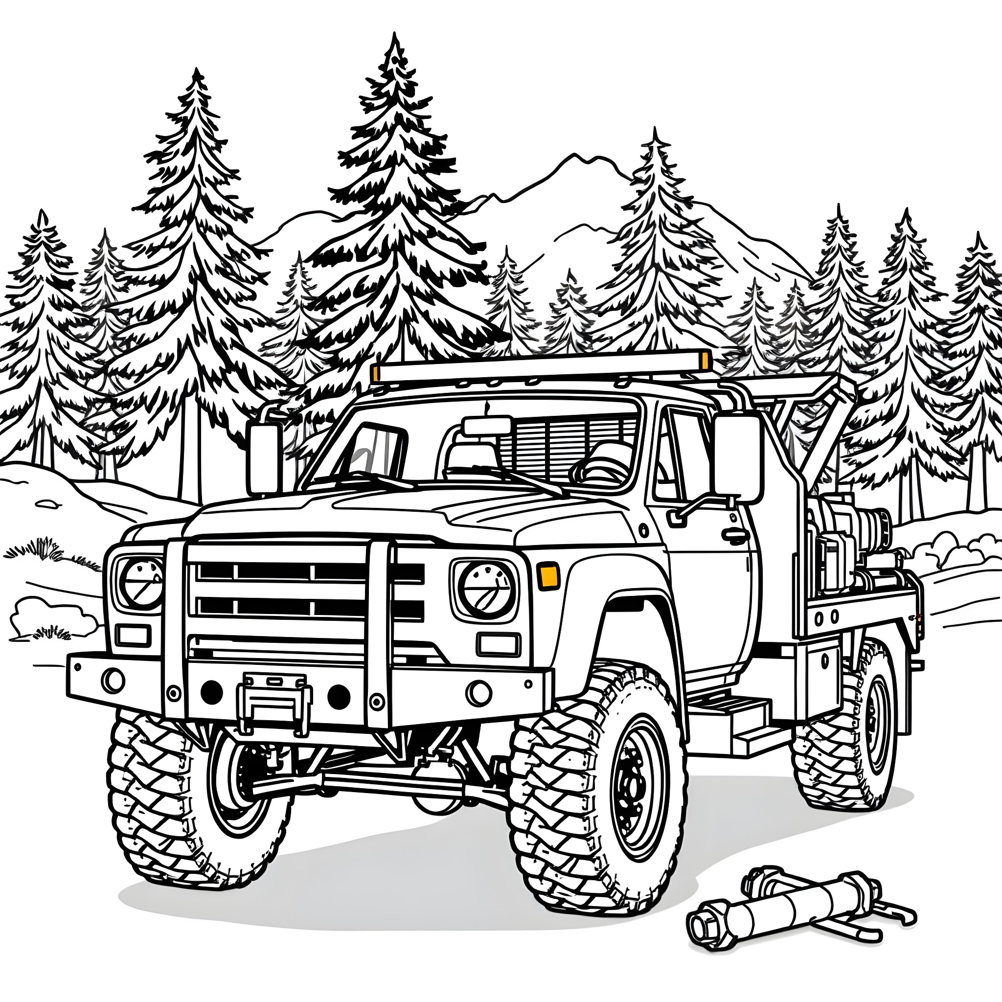 Wrecker truck towing equipment in the wilderness Coloring Page (free black-and-white line drawing printable PDF for all, from beginners to advanced learners, including children, teens, adults, and seniors)