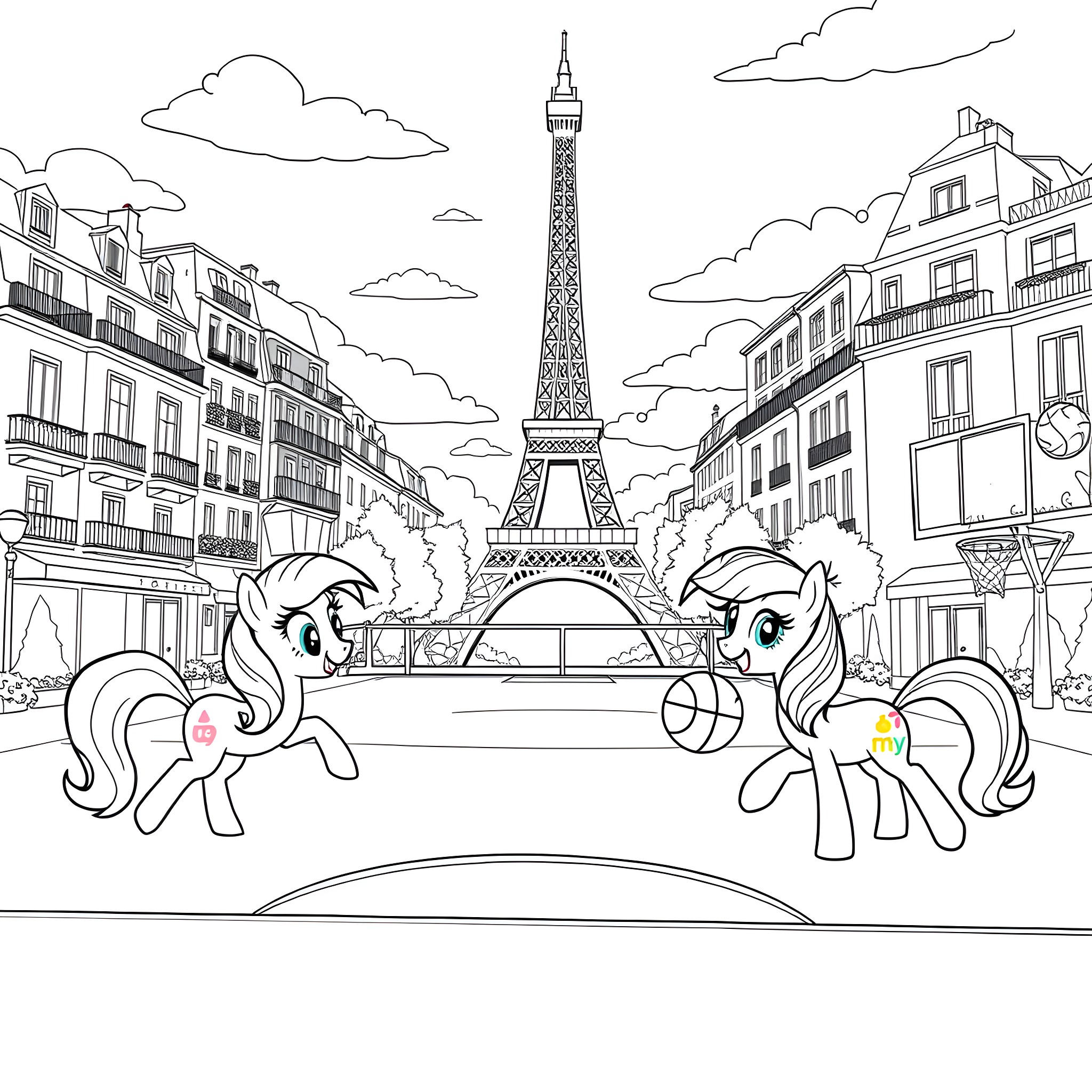 Pony Exploring the Sights of Paris Coloring Page (free black-and-white line drawing printable PDF for all, from beginners to advanced learners, including children, teens, adults, and seniors)