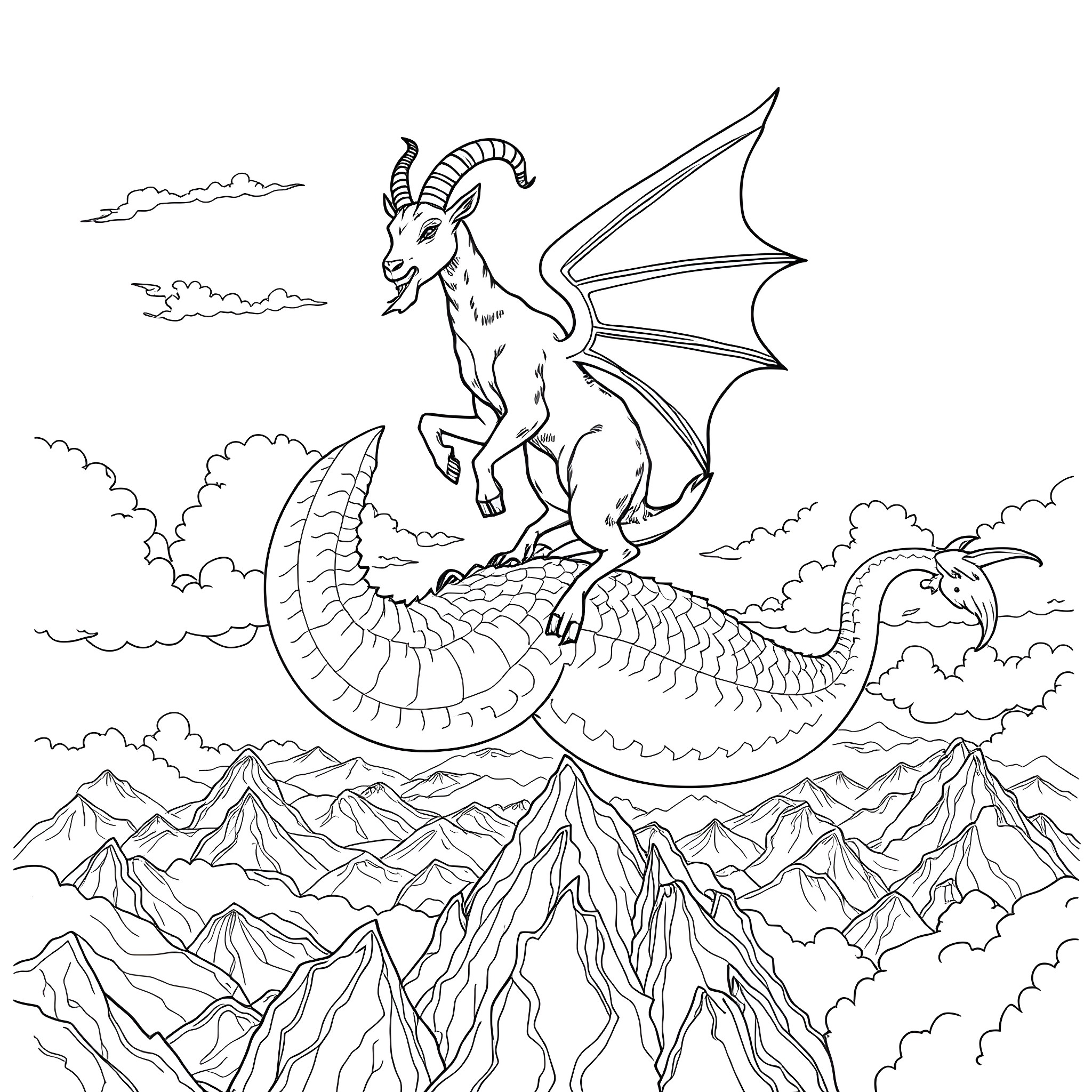 Goat Dragon soaring over the mountain landscape Coloring Page (free black-and-white line drawing printable PDF for all, from beginners to advanced learners, including children, teens, adults, and seniors)