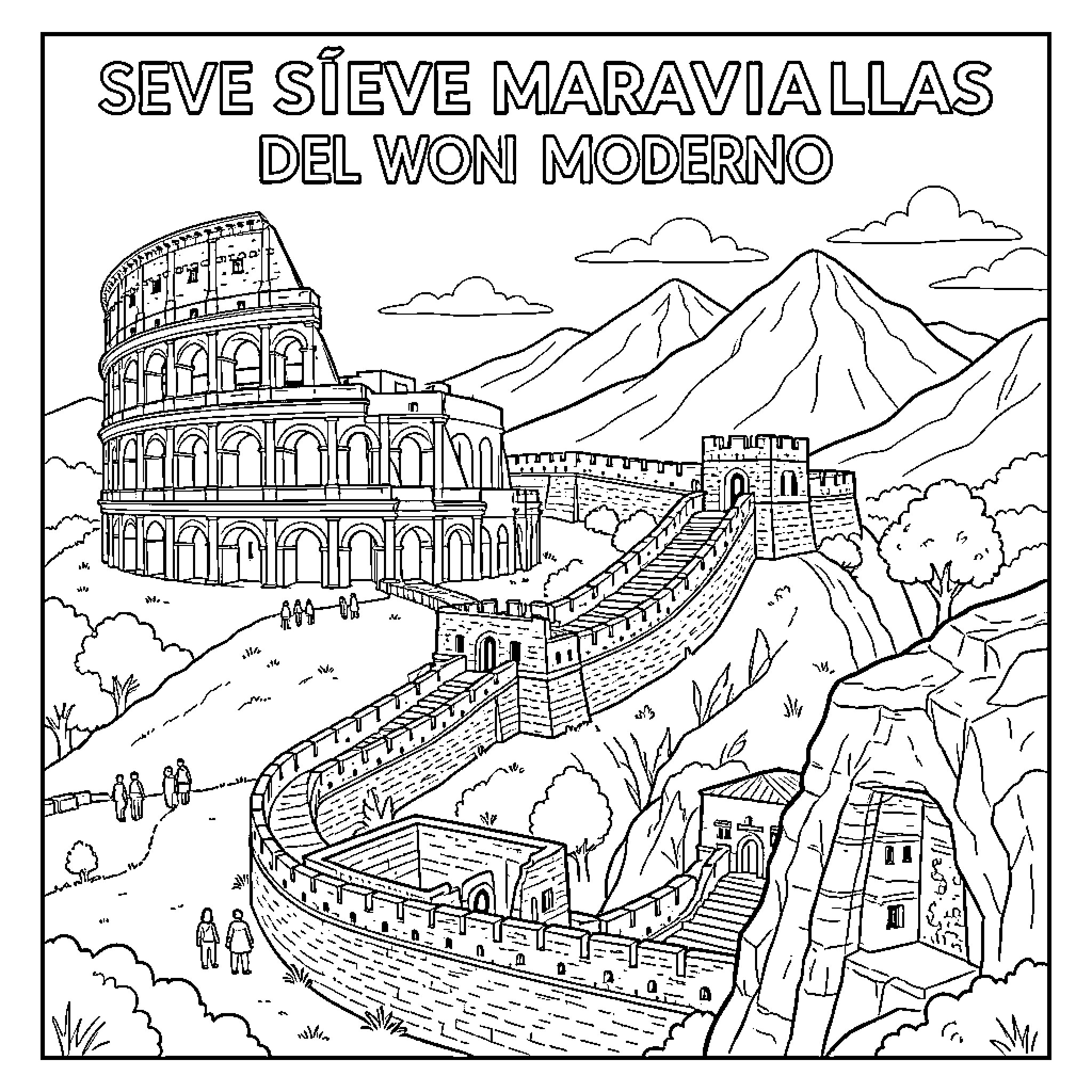 Maravilla of ancient architectural monuments in a landscape Coloring Page (free black-and-white line drawing printable PDF for all, from beginners to advanced learners, including children, teens, adults, and seniors)