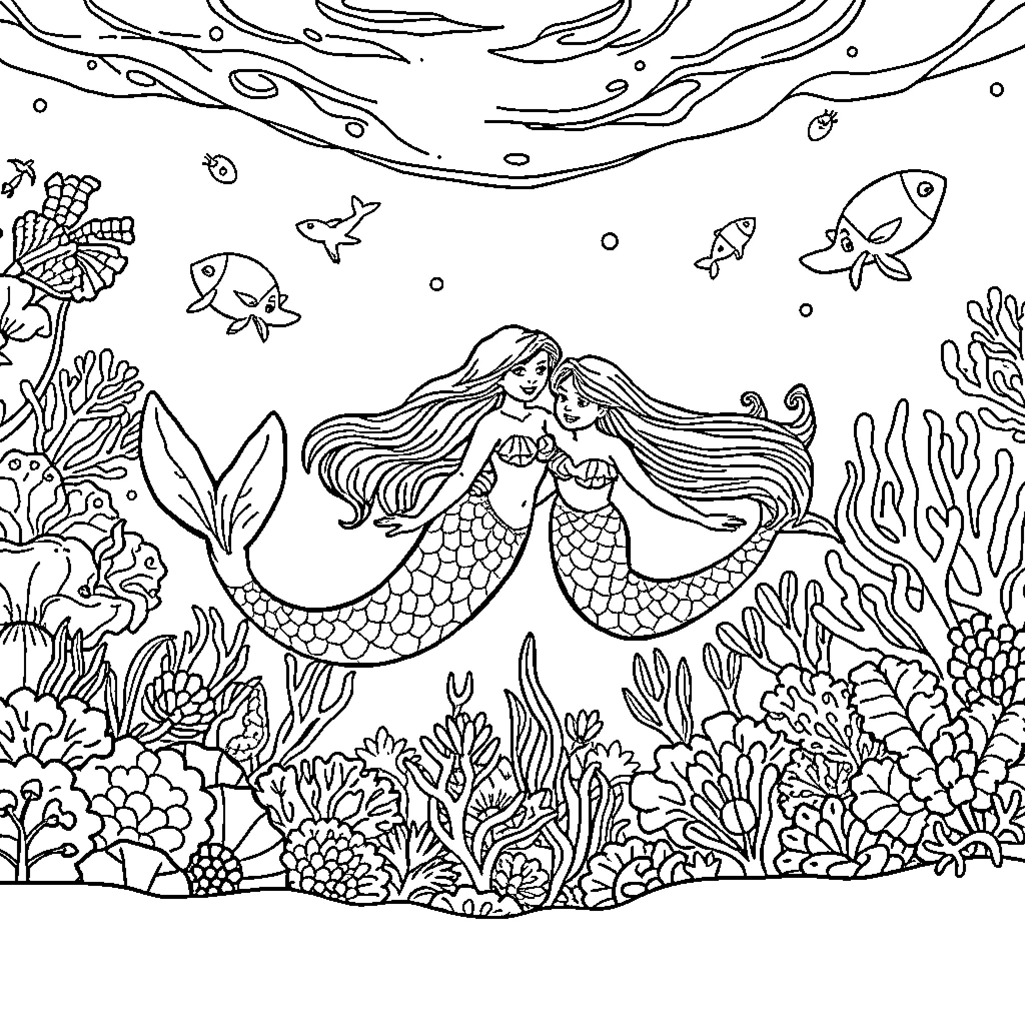 Mermaid sisters embracing underwater in a coral reef Coloring Page (free black-and-white line drawing printable PDF for all, from beginners to advanced learners, including children, teens, adults, and seniors)