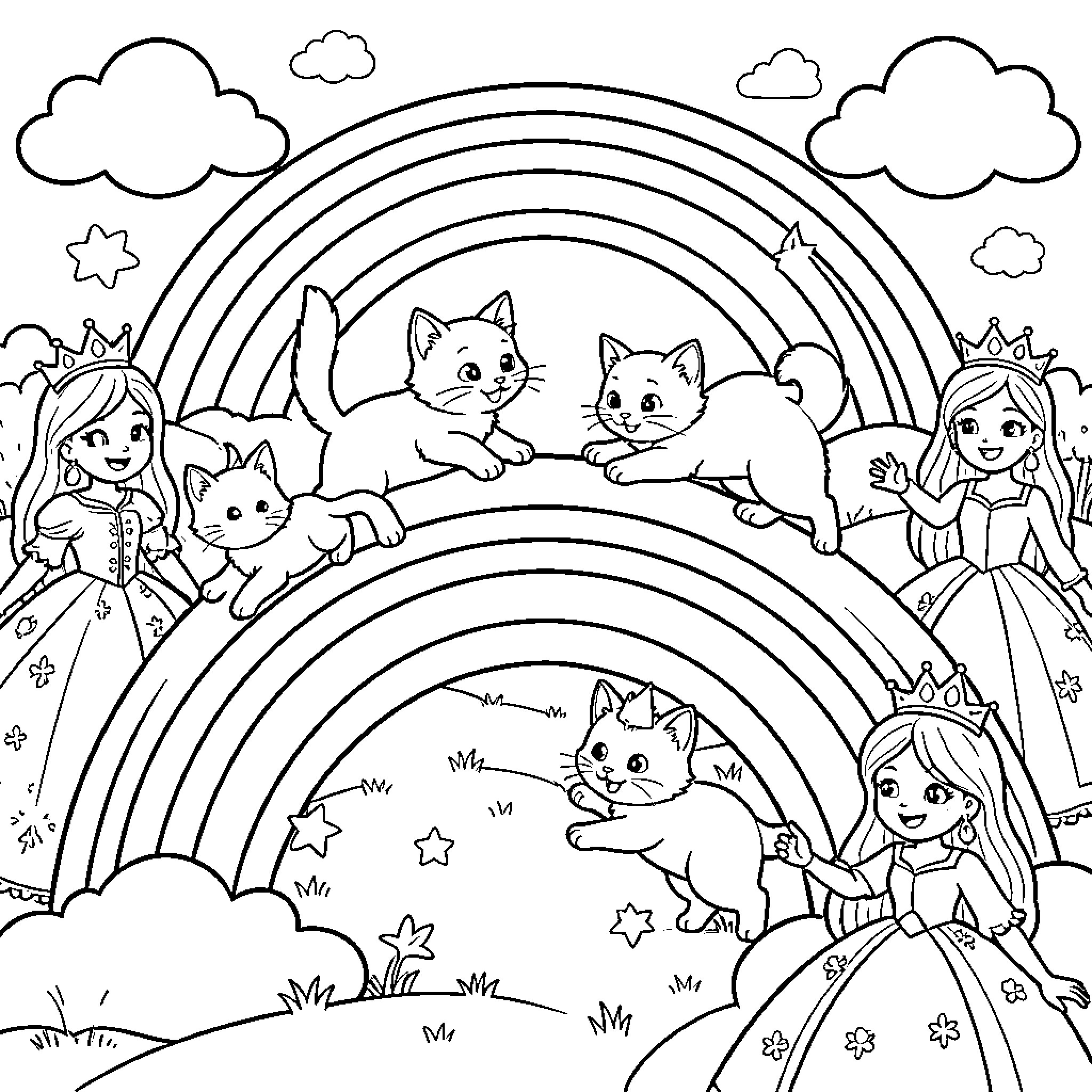 Kitten playtime with princesses under rainbows Coloring Page (free black-and-white line drawing printable PDF for all, from beginners to advanced learners, including children, teens, adults, and seniors)