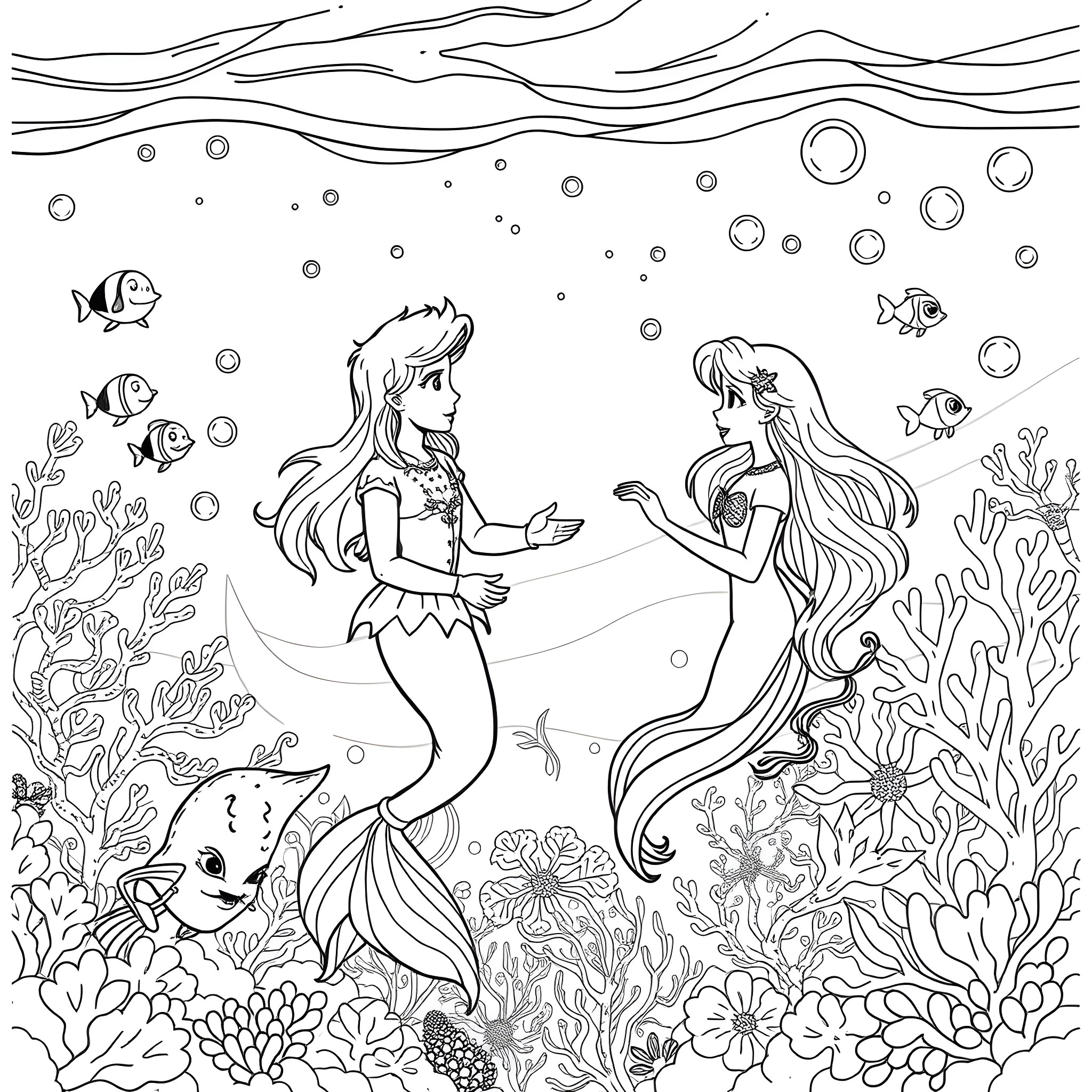 Mermaid friends exploring the underwater world Coloring Page (free black-and-white line drawing printable PDF for all, from beginners to advanced learners, including children, teens, adults, and seniors)