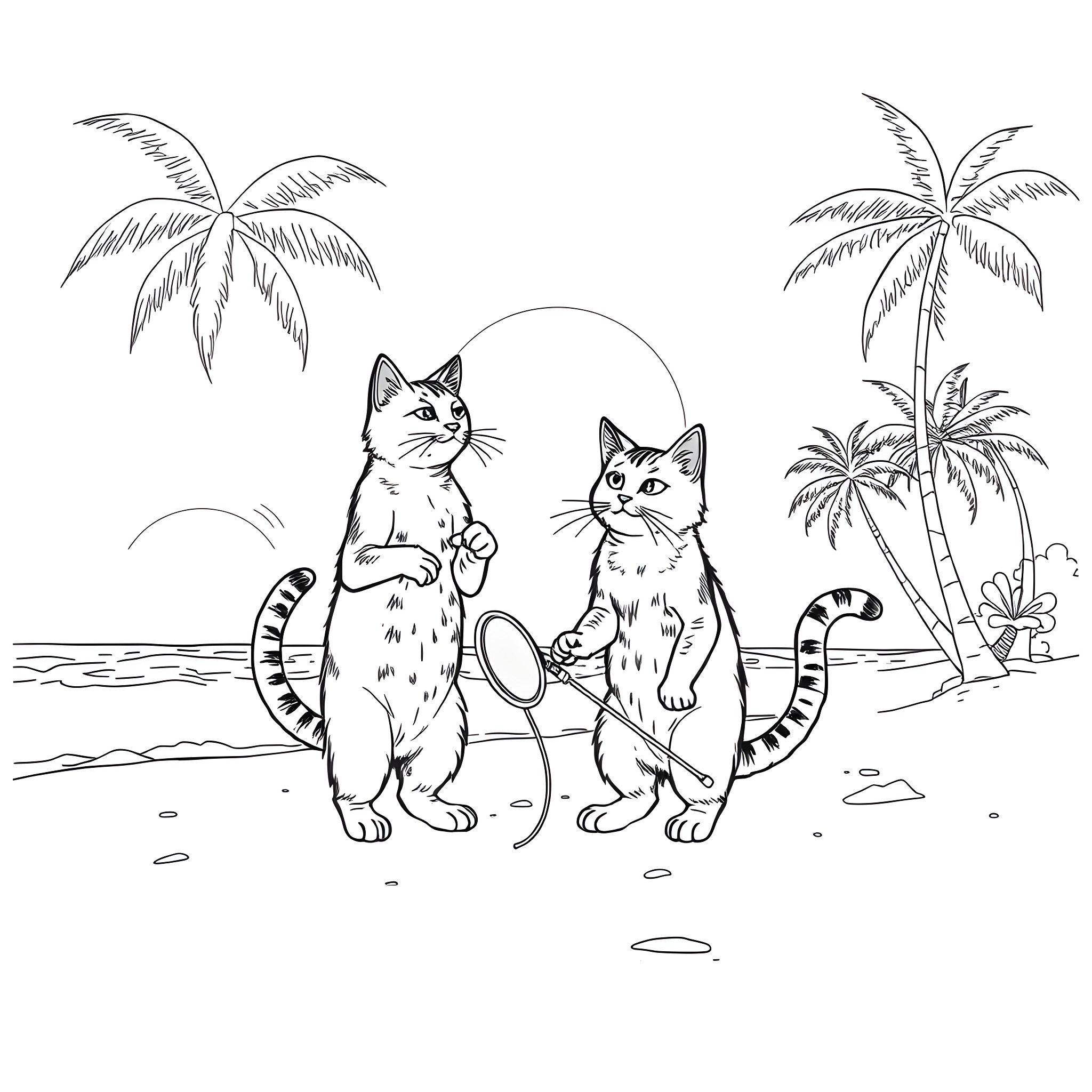 Cats playing on a tropical beach Coloring Page (free black-and-white line drawing printable PDF for all, from beginners to advanced learners, including children, teens, adults, and seniors)