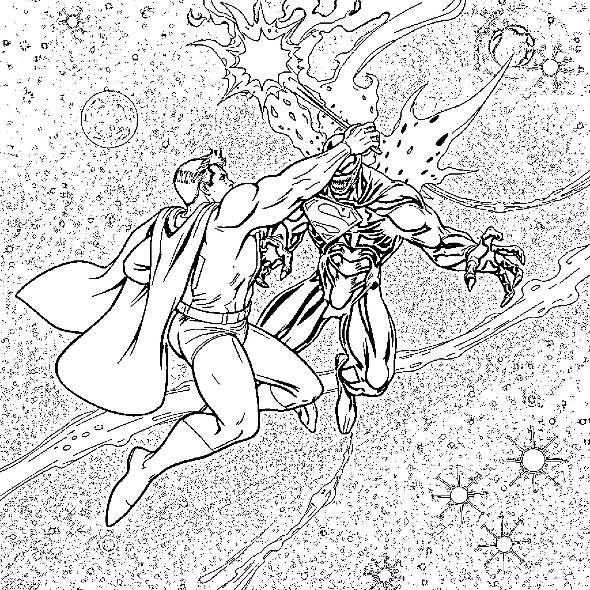Superman battling cosmic forces in the universe Coloring Page (free black-and-white line drawing printable PDF for all, from beginners to advanced learners, including children, teens, adults, and seniors)