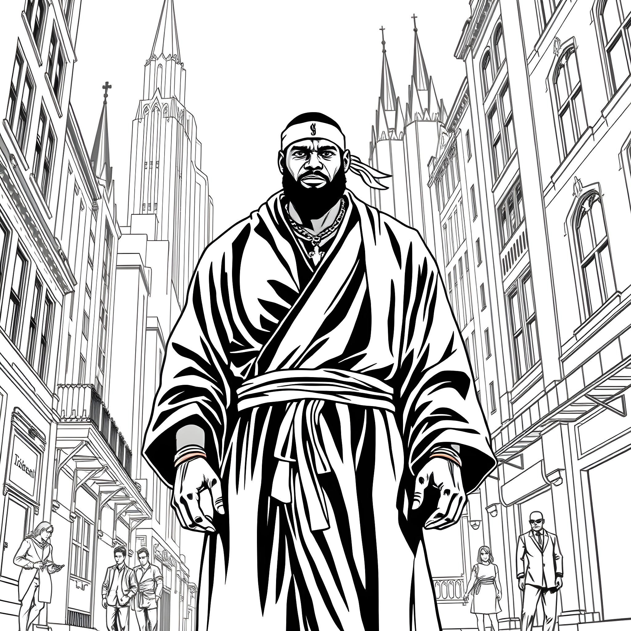 LeBron James walking through the city streets Coloring Page (free black-and-white line drawing printable PDF for all, from beginners to advanced learners, including children, teens, adults, and seniors)