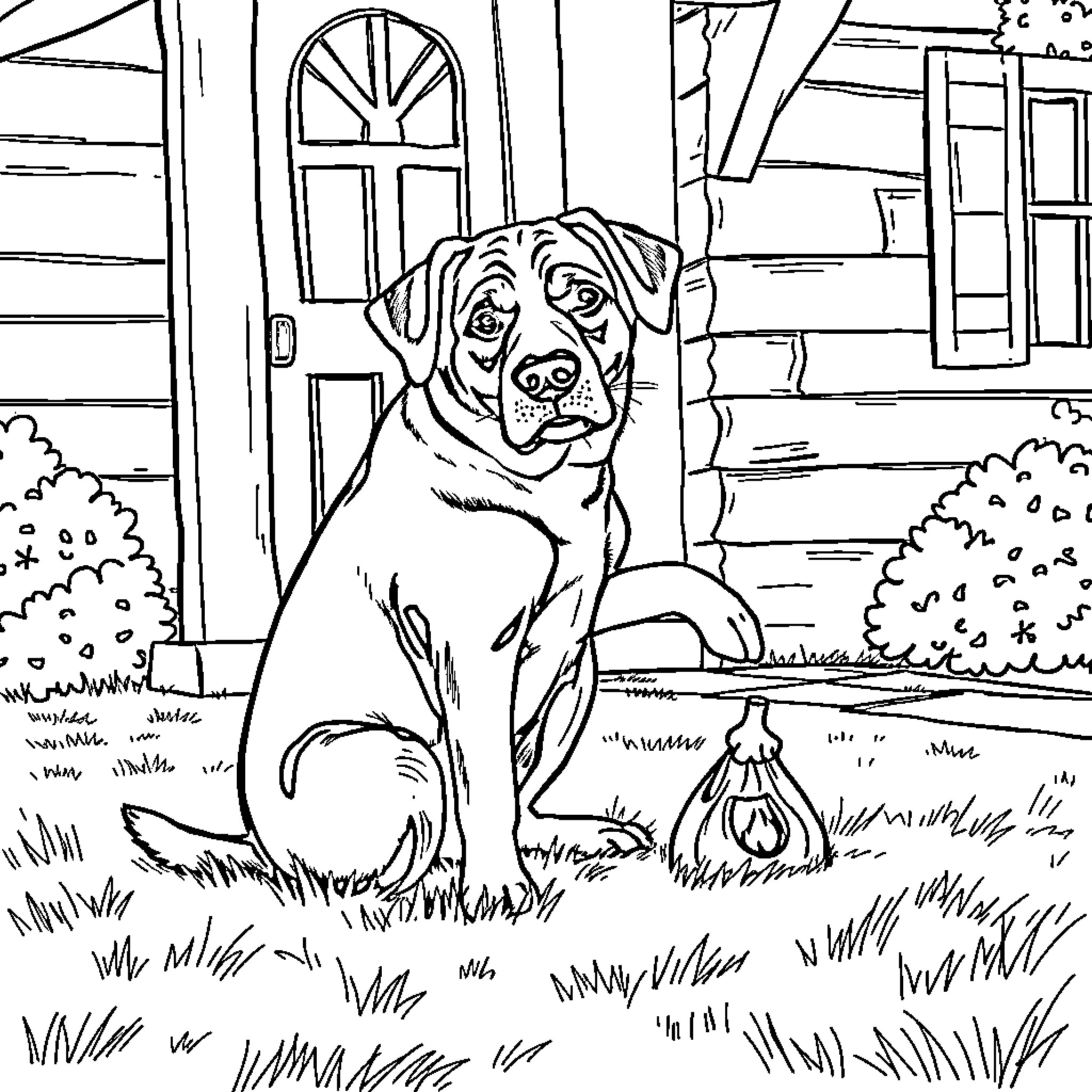 Dog sitting outside a house Coloring Page (free black-and-white line drawing printable PDF for all, from beginners to advanced learners, including children, teens, adults, and seniors)