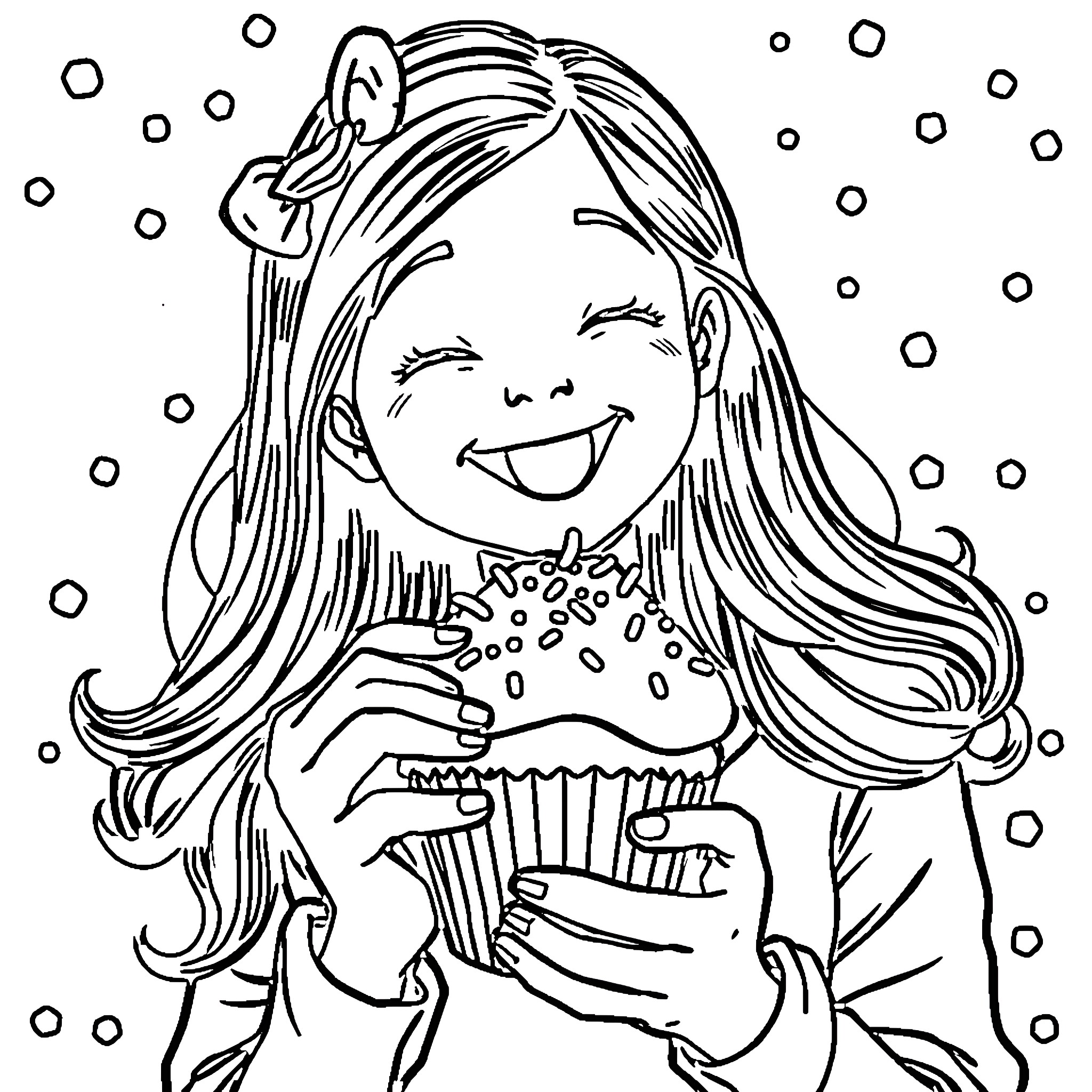 Girl joyfully eating a cupcake in snowy weather Coloring Page (free black-and-white line drawing printable PDF for all, from beginners to advanced learners, including children, teens, adults, and seniors)