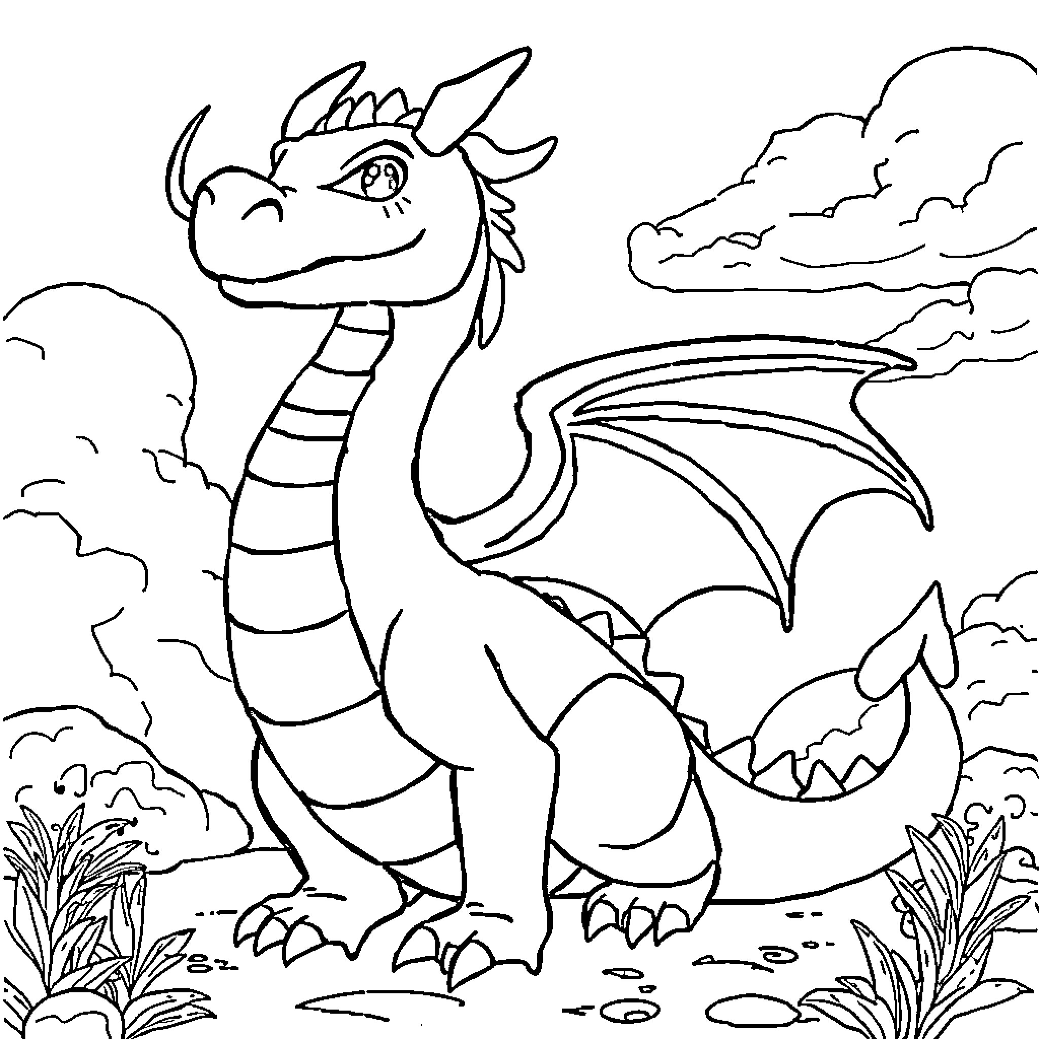 Dragon in a Mysterious Landscape Coloring Page (free black-and-white line drawing printable PDF for all, from beginners to advanced learners, including children, teens, adults, and seniors)