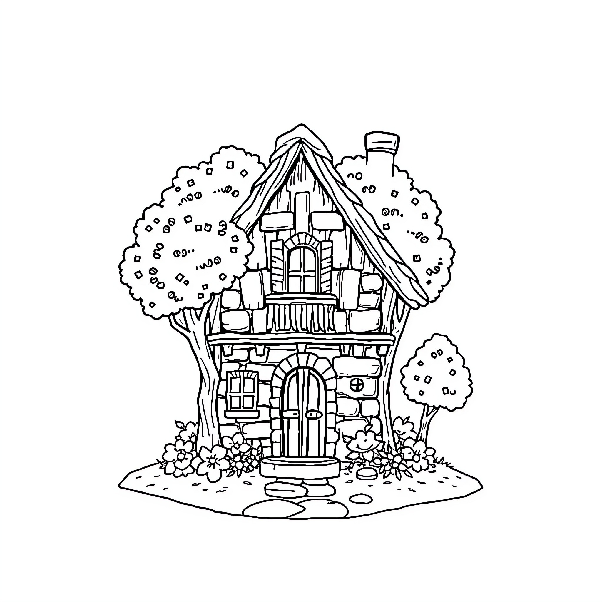 House with Charming Details and Foliage Coloring Page (free black-and-white line drawing printable PDF for all, from beginners to advanced learners, including children, teens, adults, and seniors)