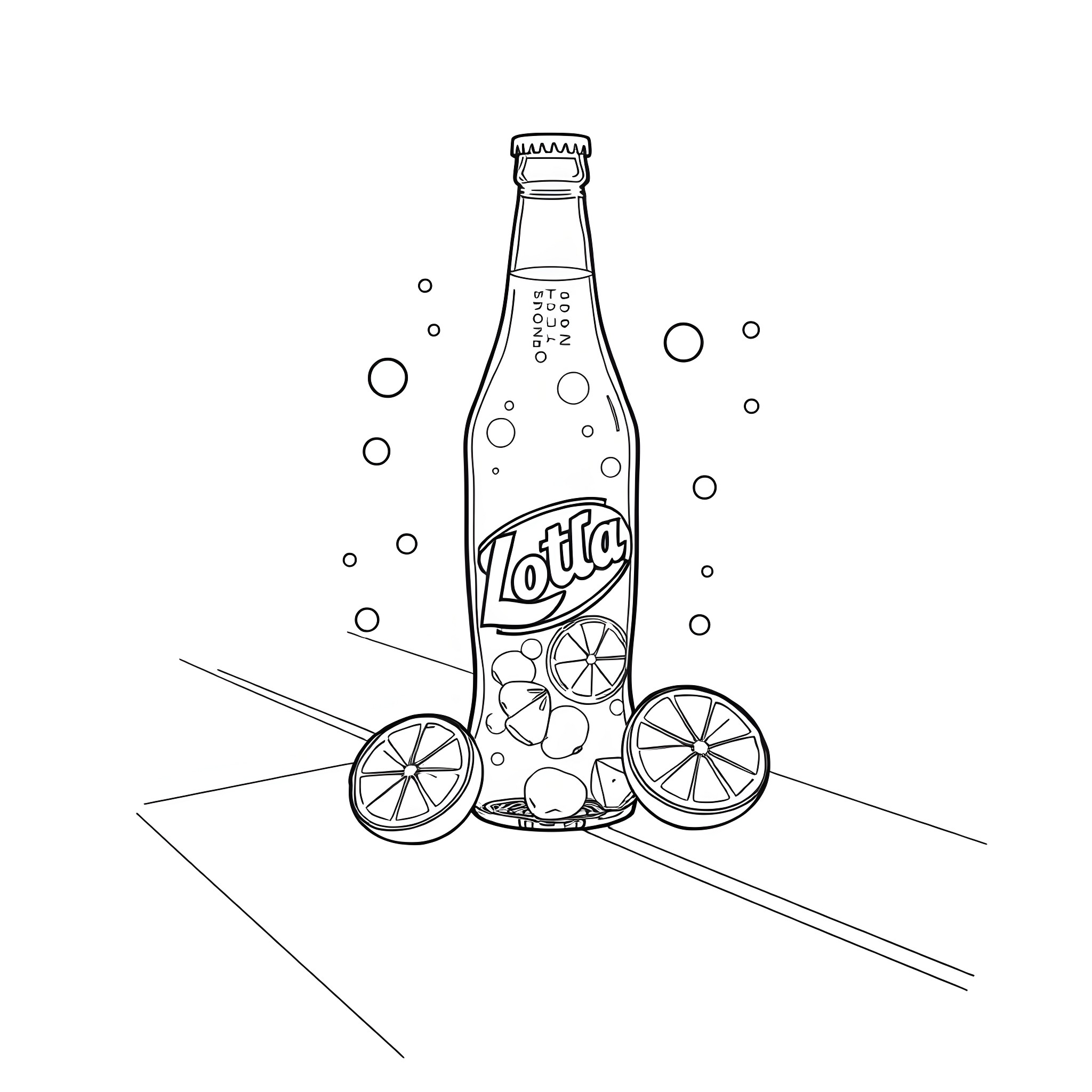 Mtn Dew bottle with sliced citrus fruits Coloring Page (free black-and-white line drawing printable PDF for all, from beginners to advanced learners, including children, teens, adults, and seniors)