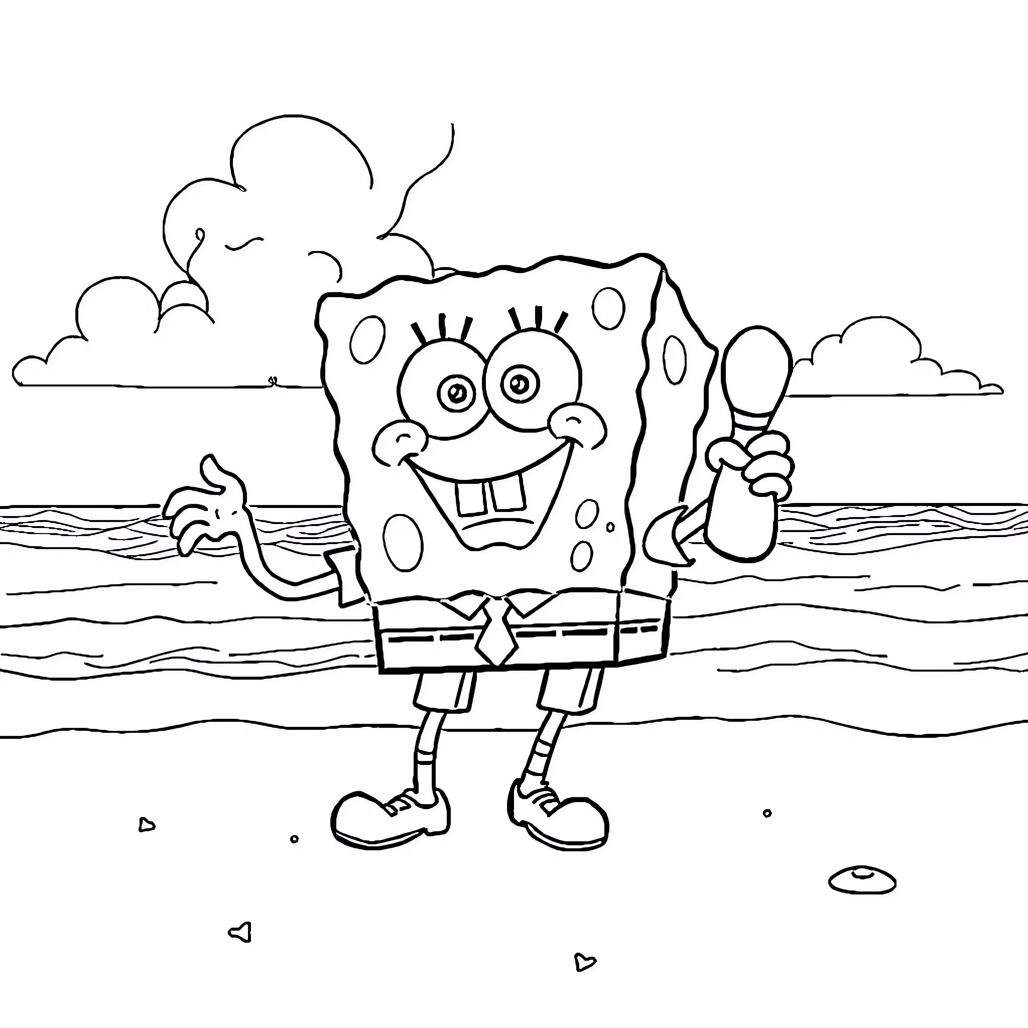 Spongebob in a happy and carefree scene Coloring Page (free black-and-white line drawing printable PDF for all, from beginners to advanced learners, including children, teens, adults, and seniors)
