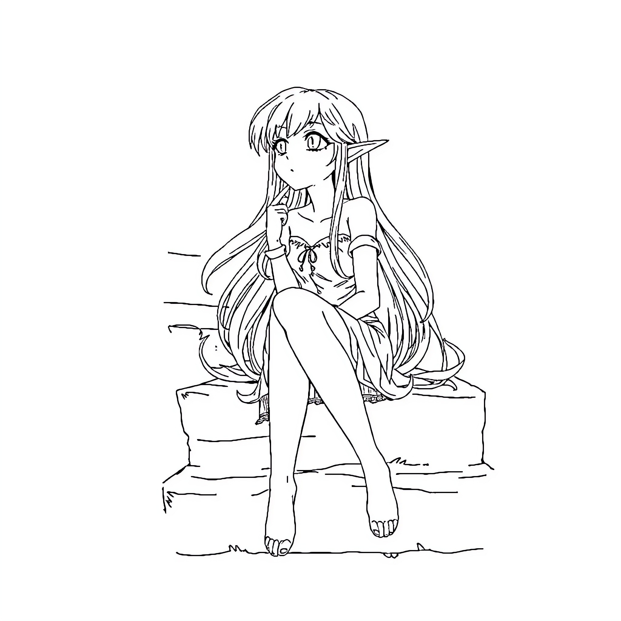 Lucy's Dreamy Reverie in a Fantasy Setting Coloring Page (free black-and-white line drawing printable PDF for all, from beginners to advanced learners, including children, teens, adults, and seniors)