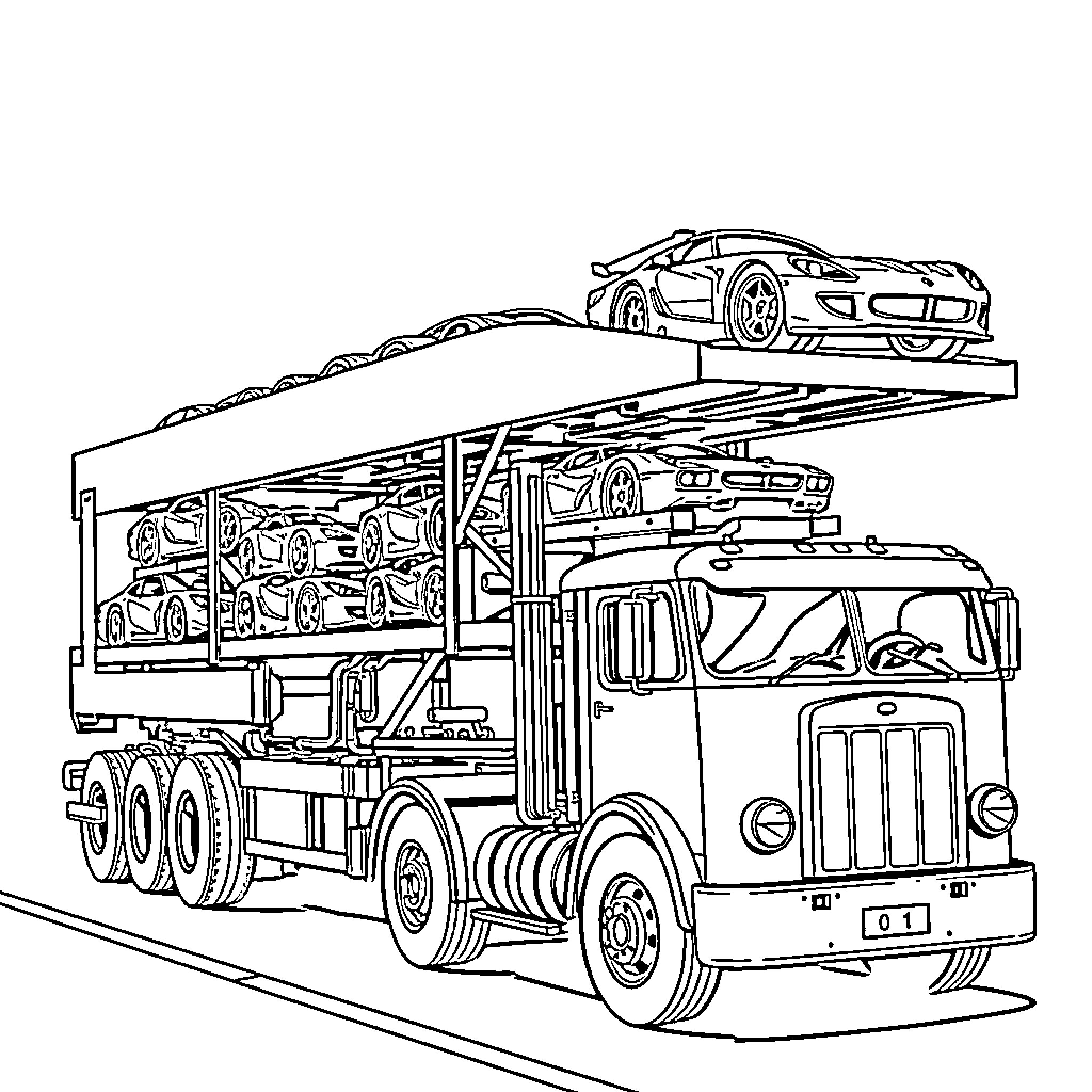 Car Carrier Transporting Various Vehicles on the Road Coloring Page (free black-and-white line drawing printable PDF for all, from beginners to advanced learners, including children, teens, adults, and seniors)