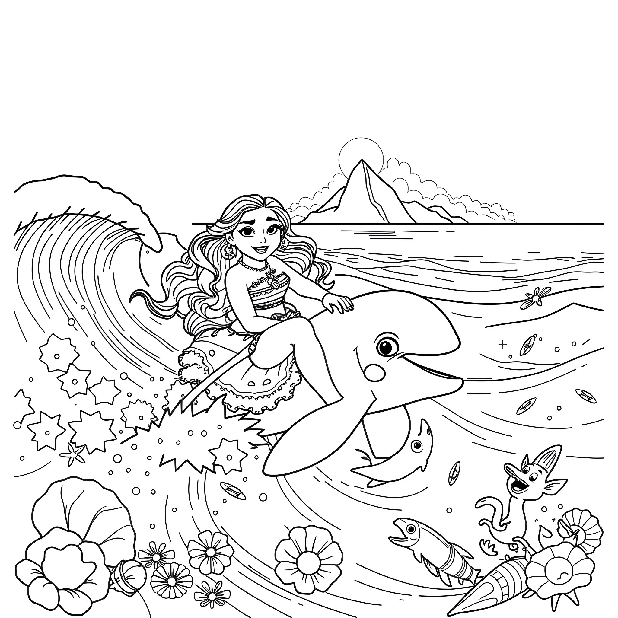 Moana riding a dolphin in a tropical ocean scene Coloring Page (free black-and-white line drawing printable PDF for all, from beginners to advanced learners, including children, teens, adults, and seniors)