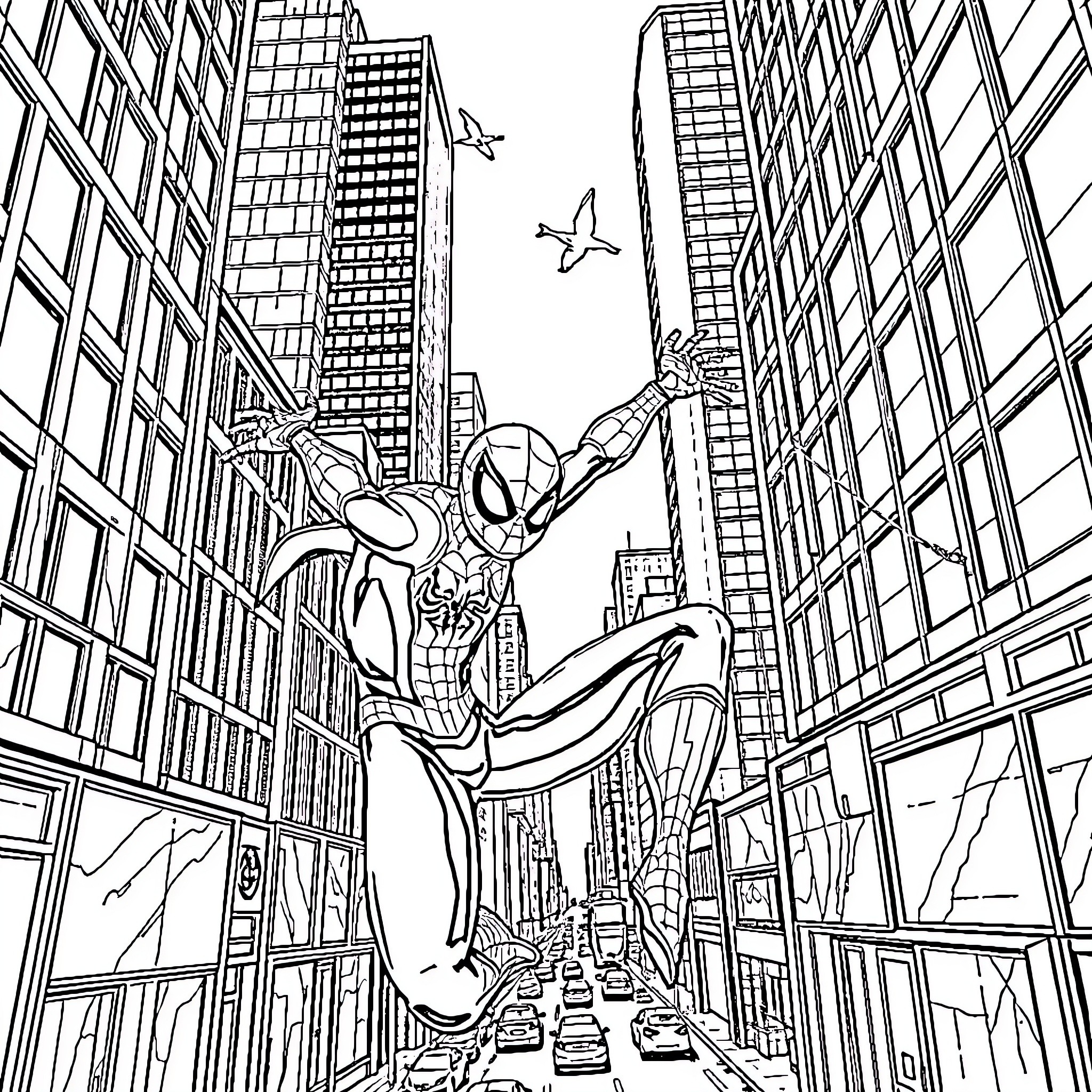 Spider-Man swinging through the city skyline Coloring Page (free black-and-white line drawing printable PDF for all, from beginners to advanced learners, including children, teens, adults, and seniors)