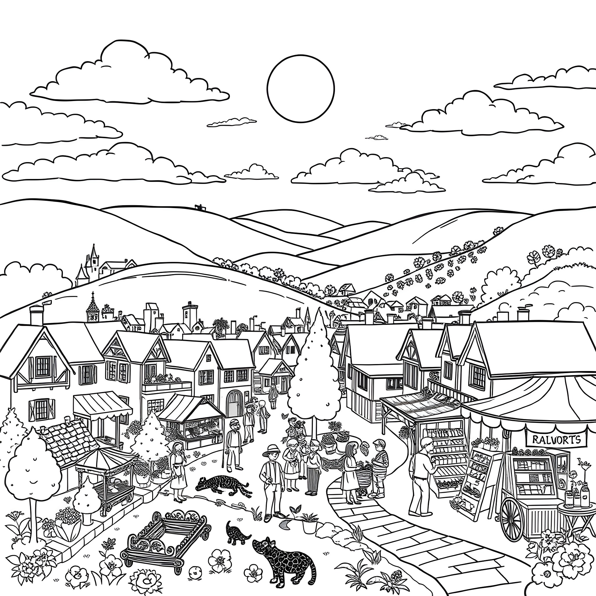 Kenworth Truck in a Charming Country Village Scene Coloring Page (free black-and-white line drawing printable PDF for all, from beginners to advanced learners, including children, teens, adults, and seniors)