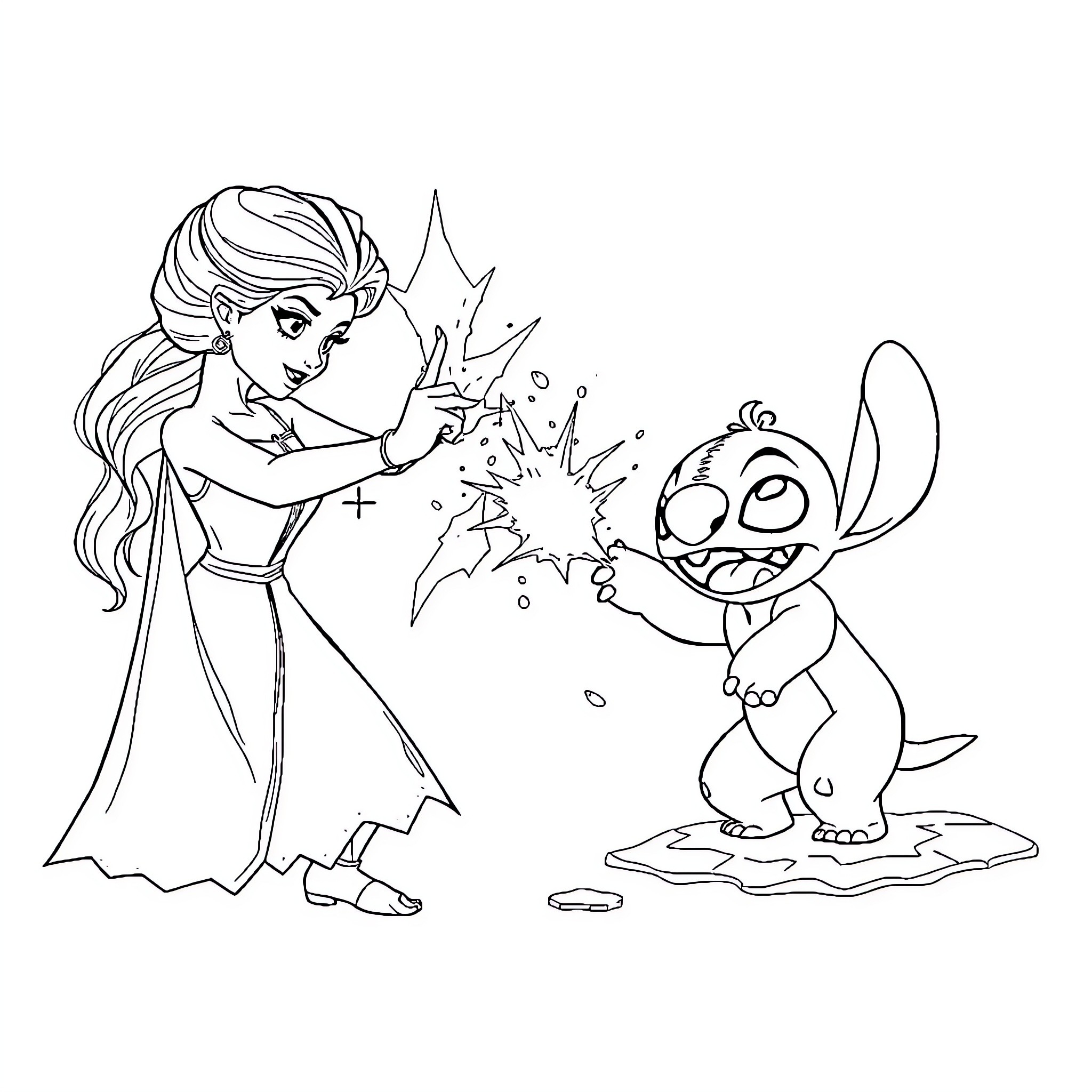 Elsa performing magical act with Stitch Coloring Page (free black-and-white line drawing printable PDF for all, from beginners to advanced learners, including children, teens, adults, and seniors)