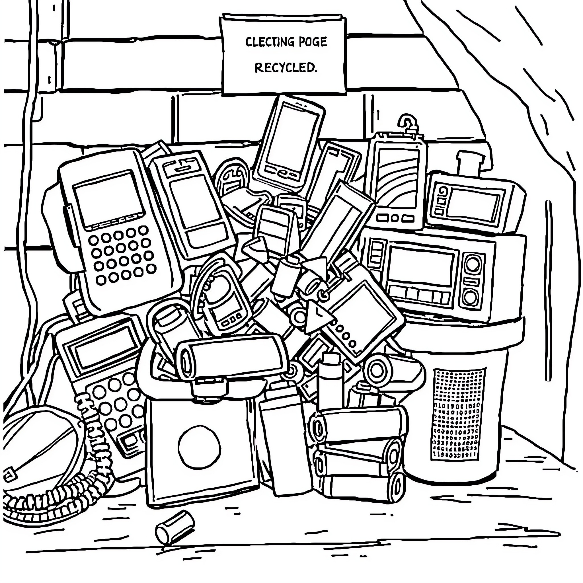 Waste of Electronic Devices Recycled Coloring Page (free black-and-white line drawing printable PDF for all, from beginners to advanced learners, including children, teens, adults, and seniors)