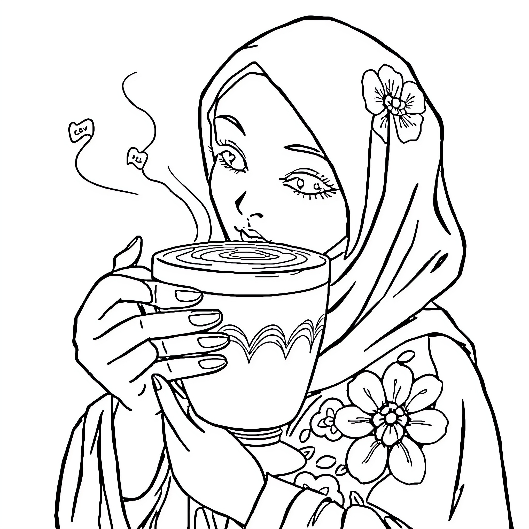 Kopi moment with floral patterns Coloring Page (free black-and-white line drawing printable PDF for all, from beginners to advanced learners, including children, teens, adults, and seniors)