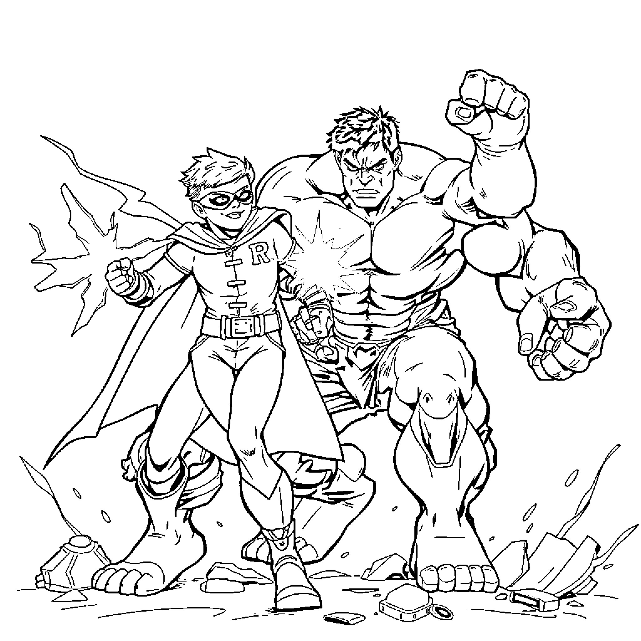 Robin and the Muscular Superhero Battle Together Coloring Page (free black-and-white line drawing printable PDF for all, from beginners to advanced learners, including children, teens, adults, and seniors)