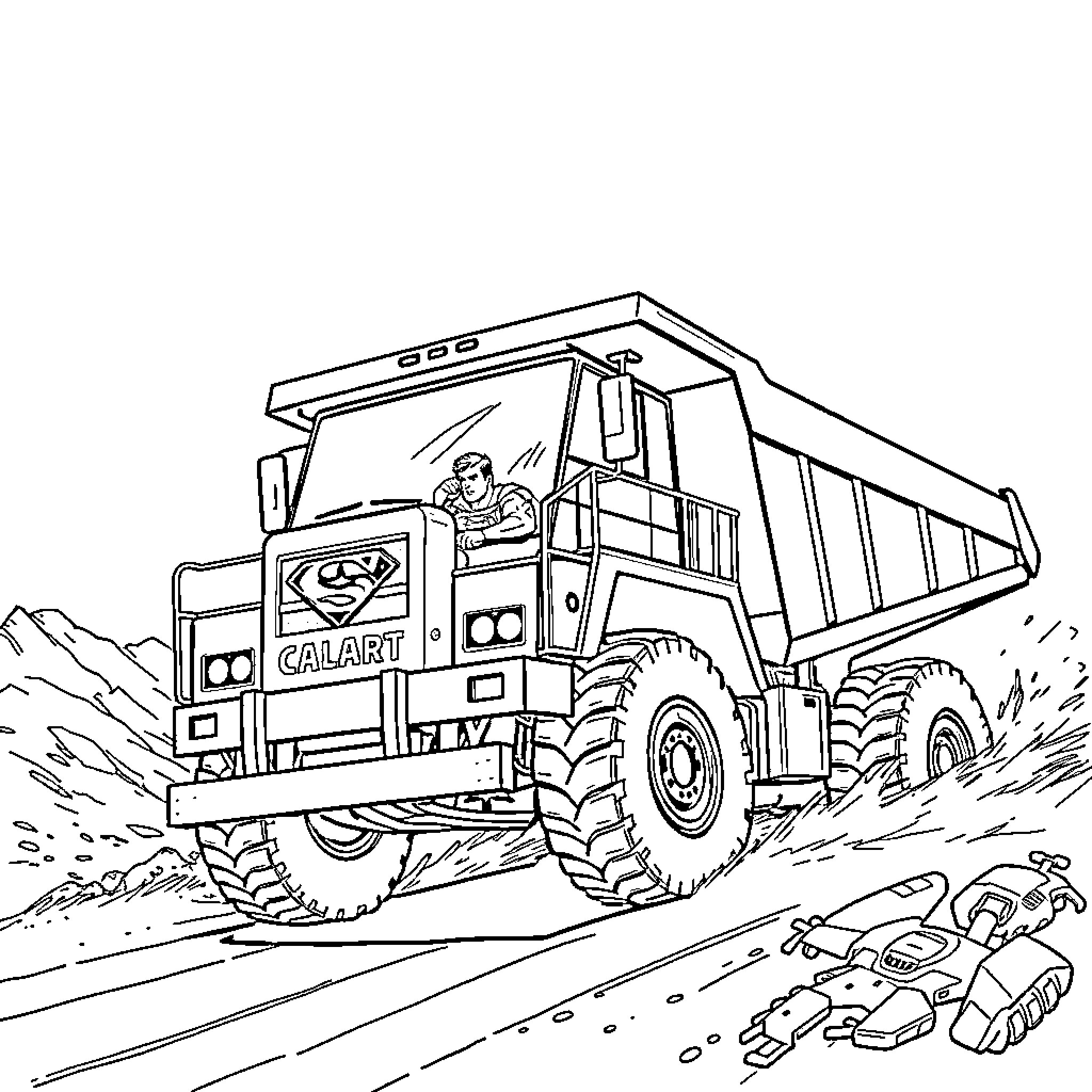 Superman operating a large construction vehicle Coloring Page (free black-and-white line drawing printable PDF for all, from beginners to advanced learners, including children, teens, adults, and seniors)