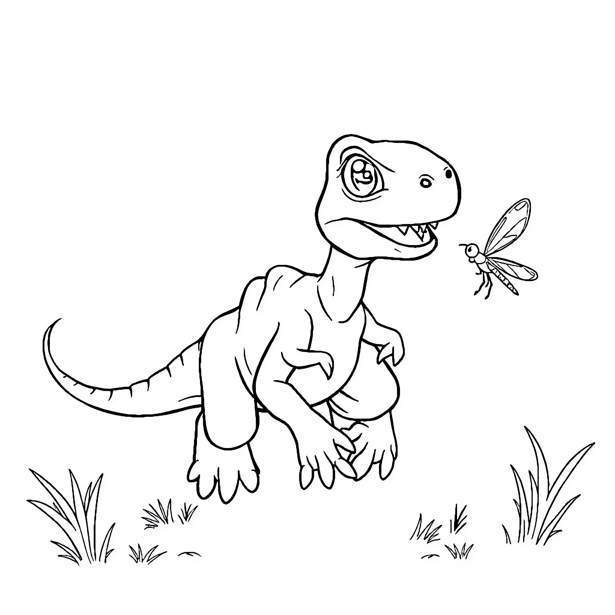 Velociraptor chasing a dragonfly in the wild Coloring Page (free black-and-white line drawing printable PDF for all, from beginners to advanced learners, including children, teens, adults, and seniors)