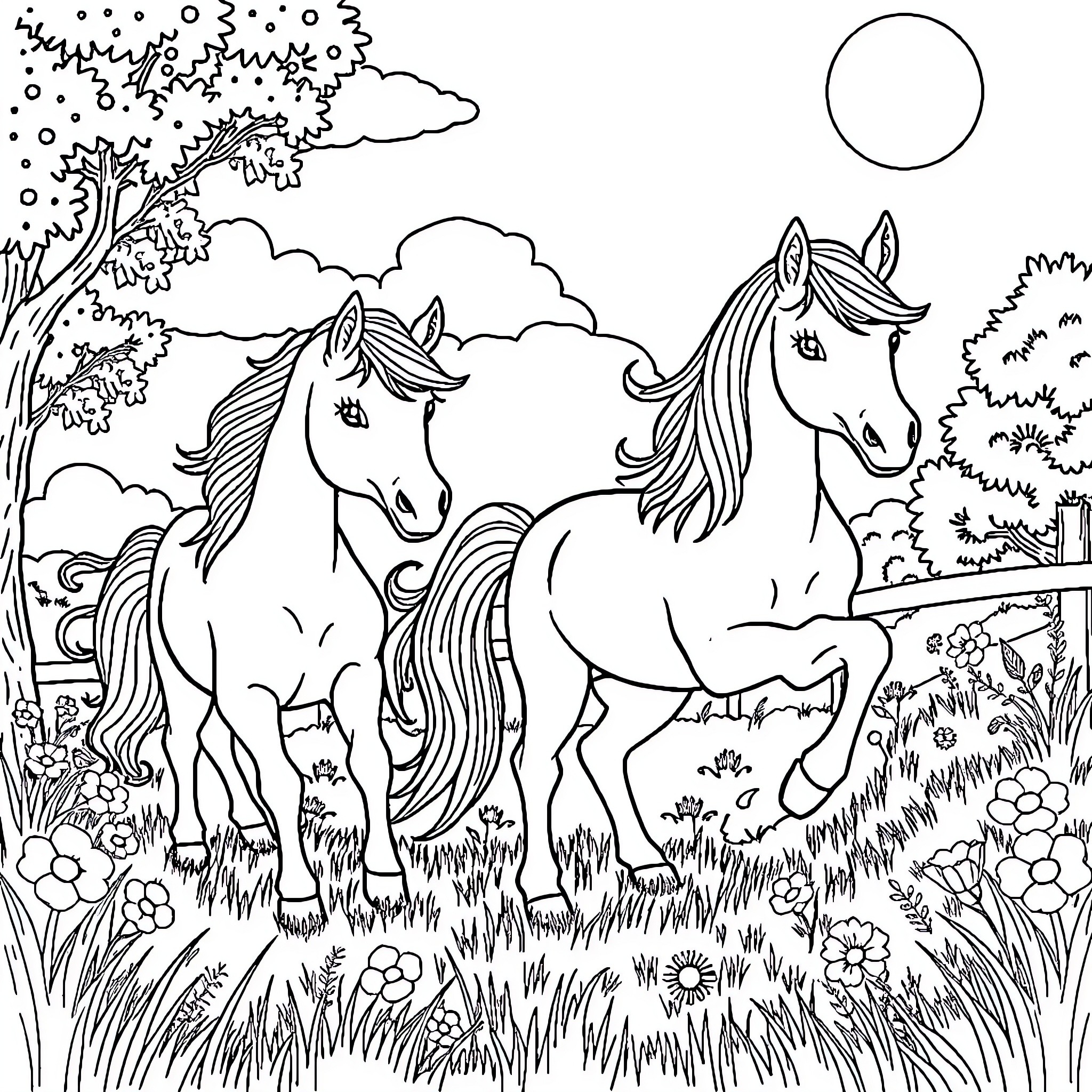 Pony Friends Frolicking in the Meadow Coloring Page (free black-and-white line drawing printable PDF for all, from beginners to advanced learners, including children, teens, adults, and seniors)