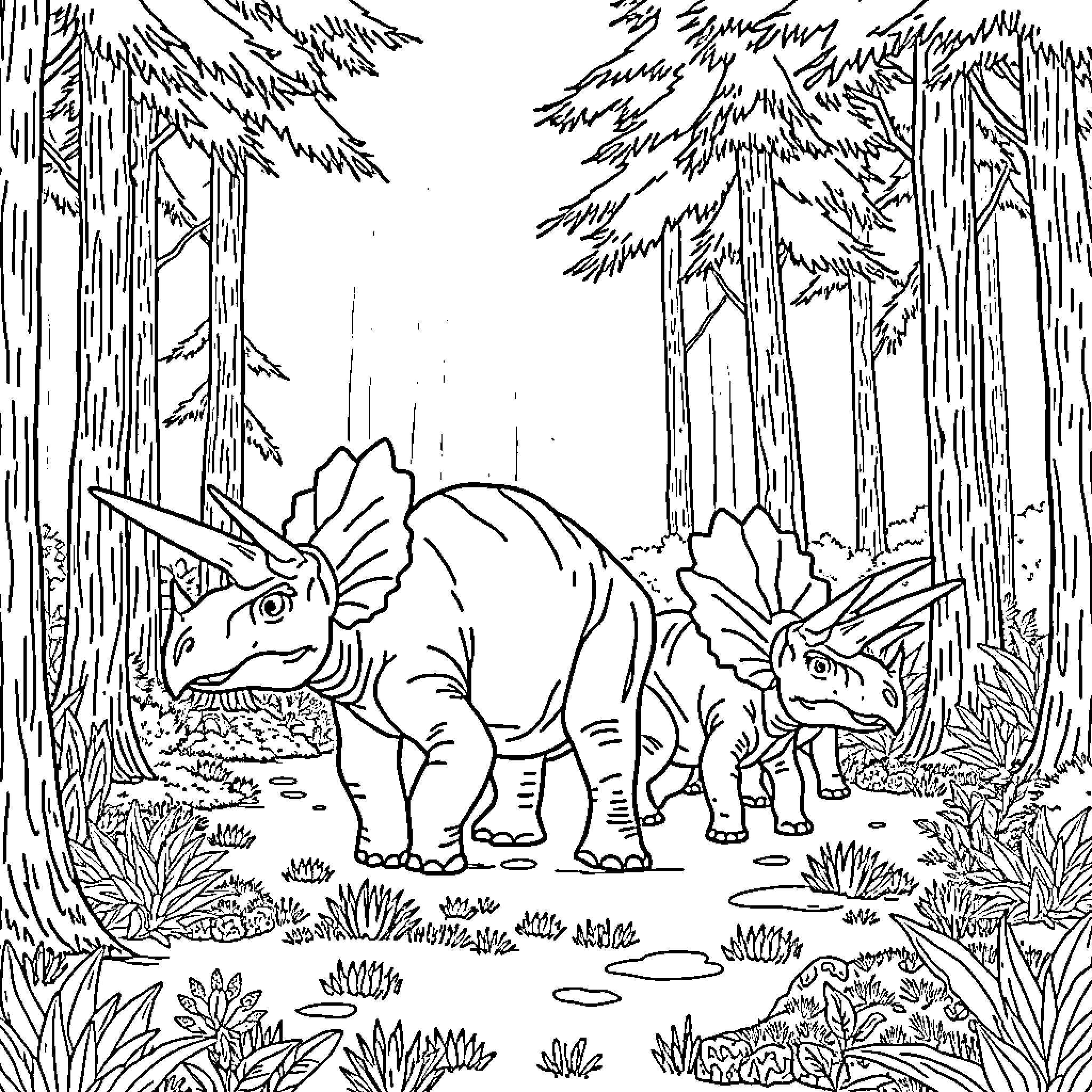 Triceratops exploring the forest Coloring Page (free black-and-white line drawing printable PDF for all, from beginners to advanced learners, including children, teens, adults, and seniors)
