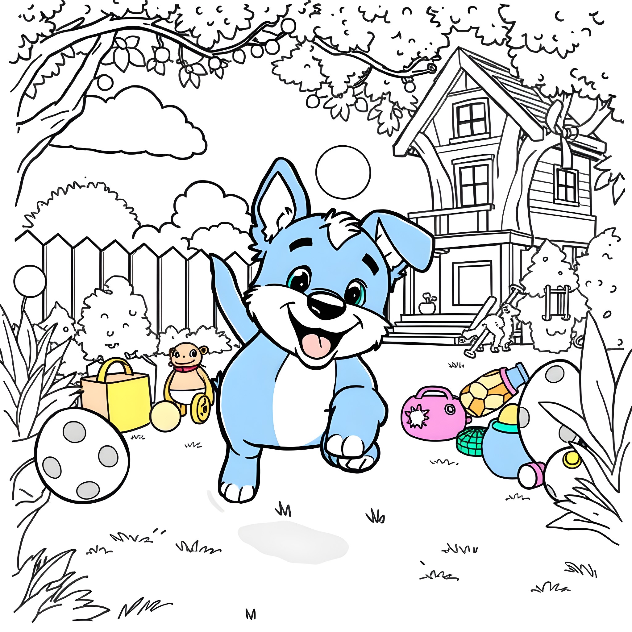 Bluey's Playful Adventure in the Neighborhood Coloring Page (free black-and-white line drawing printable PDF for all, from beginners to advanced learners, including children, teens, adults, and seniors)