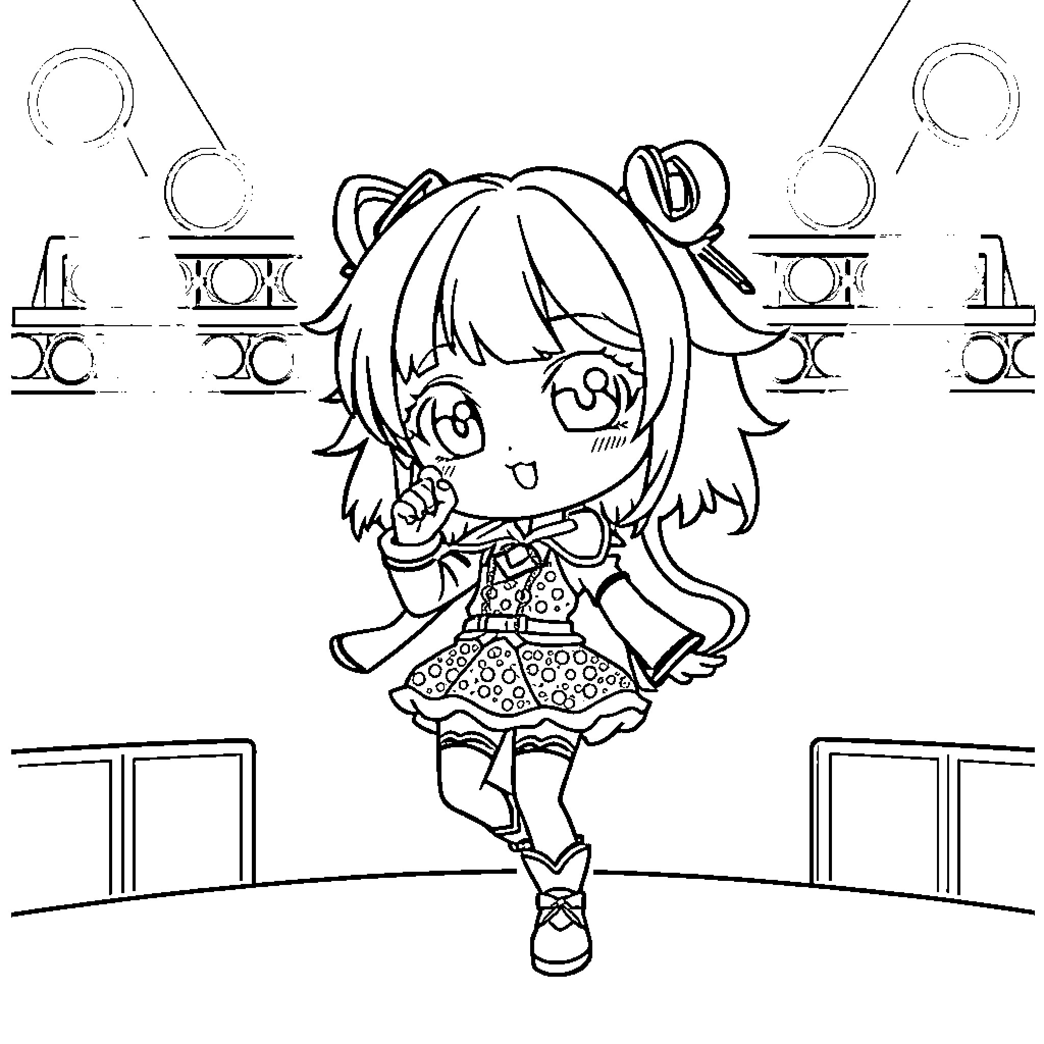 Chibi Moon character in a playful pose Coloring Page (free black-and-white line drawing printable PDF for all, from beginners to advanced learners, including children, teens, adults, and seniors)