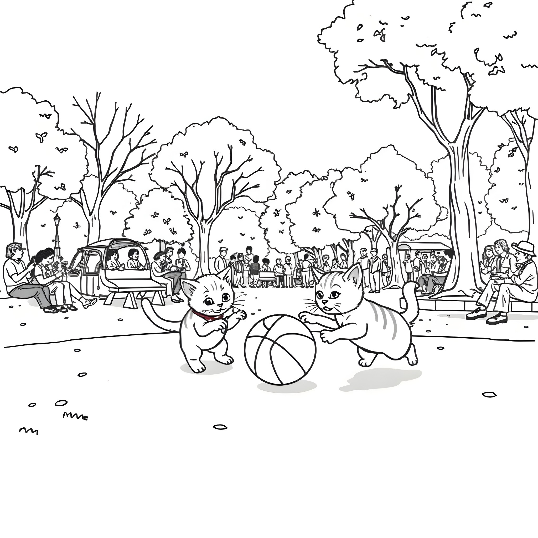 Kittens playing with ball in the park Coloring Page (free black-and-white line drawing printable PDF for all, from beginners to advanced learners, including children, teens, adults, and seniors)