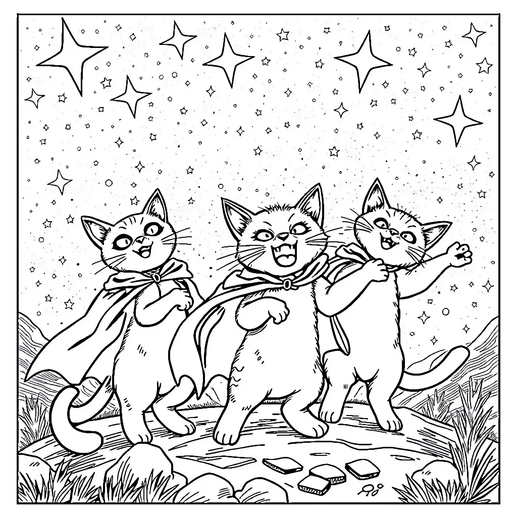 Cats playing joyfully under the starry night sky Coloring Page (free black-and-white line drawing printable PDF for all, from beginners to advanced learners, including children, teens, adults, and seniors)