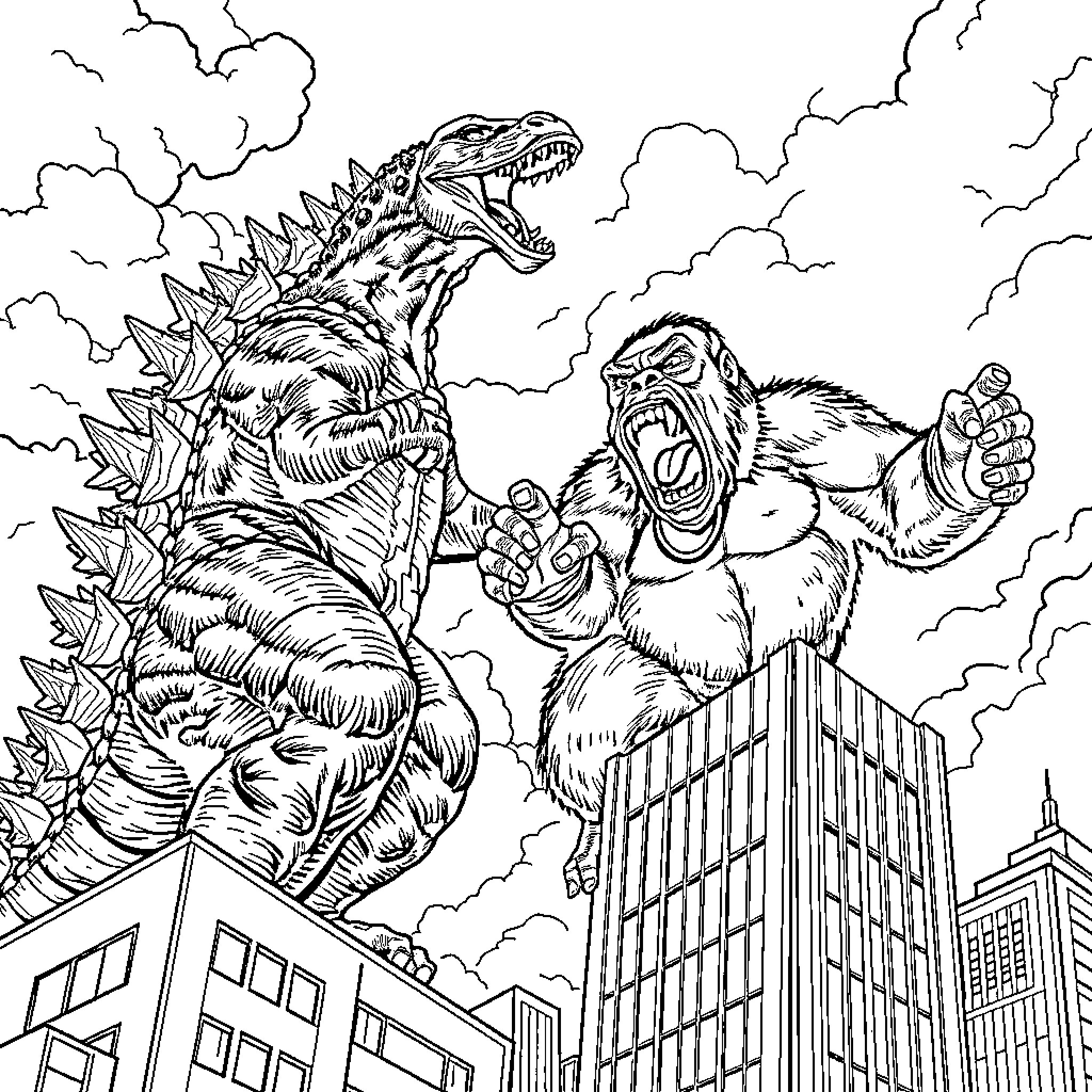 Godzilla battling a giant gorilla atop a city skyline Coloring Page (free black-and-white line drawing printable PDF for all, from beginners to advanced learners, including children, teens, adults, and seniors)