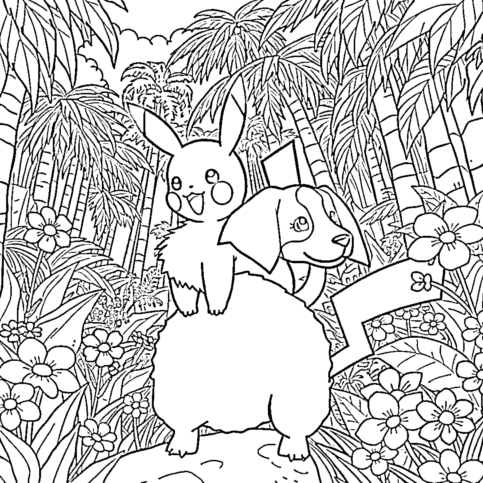 Pikachu and Puppy Exploring the Tropical Jungle Coloring Page (free black-and-white line drawing printable PDF for all, from beginners to advanced learners, including children, teens, adults, and seniors)