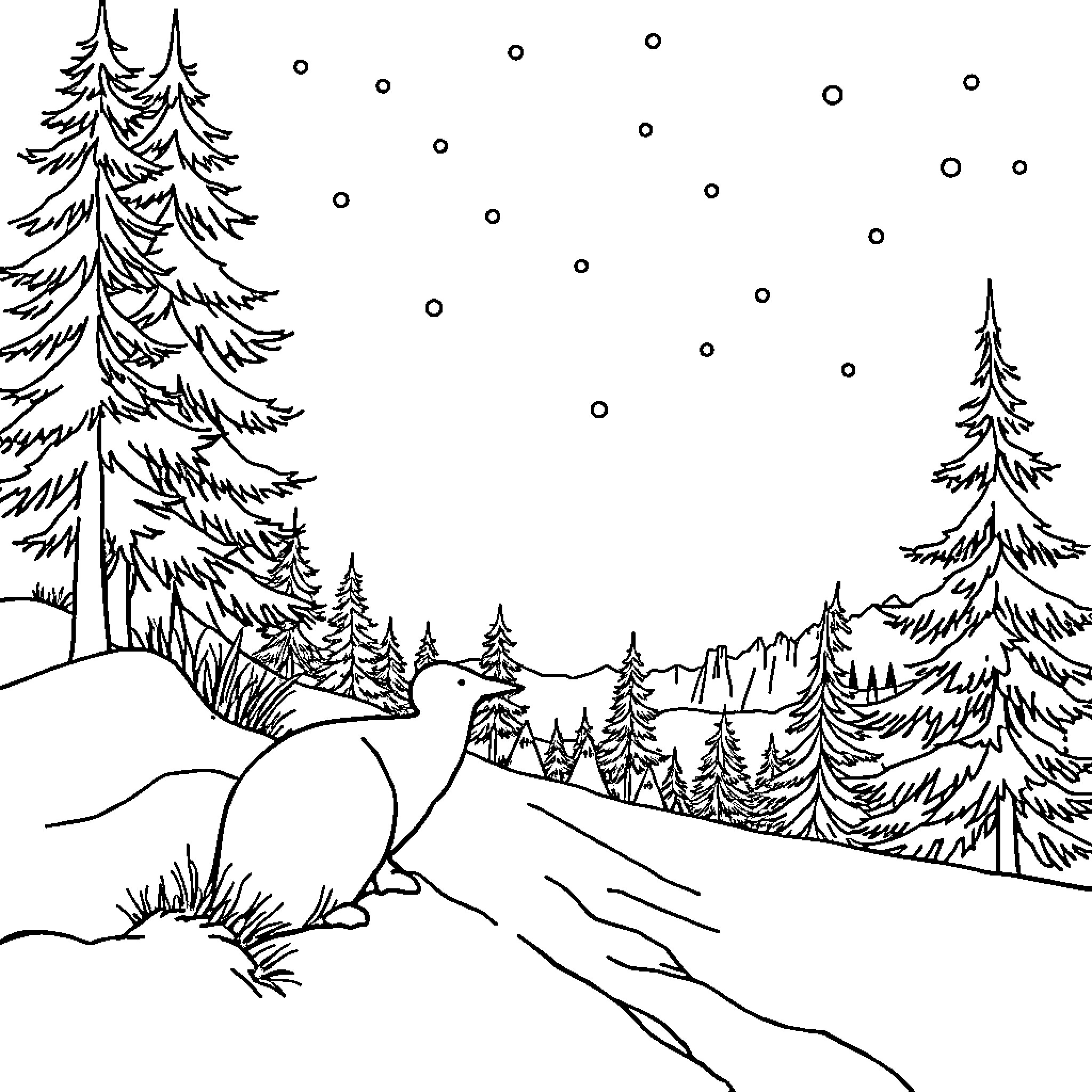 Mouse running through snowy forest landscape Coloring Page (free black-and-white line drawing printable PDF for all, from beginners to advanced learners, including children, teens, adults, and seniors)
